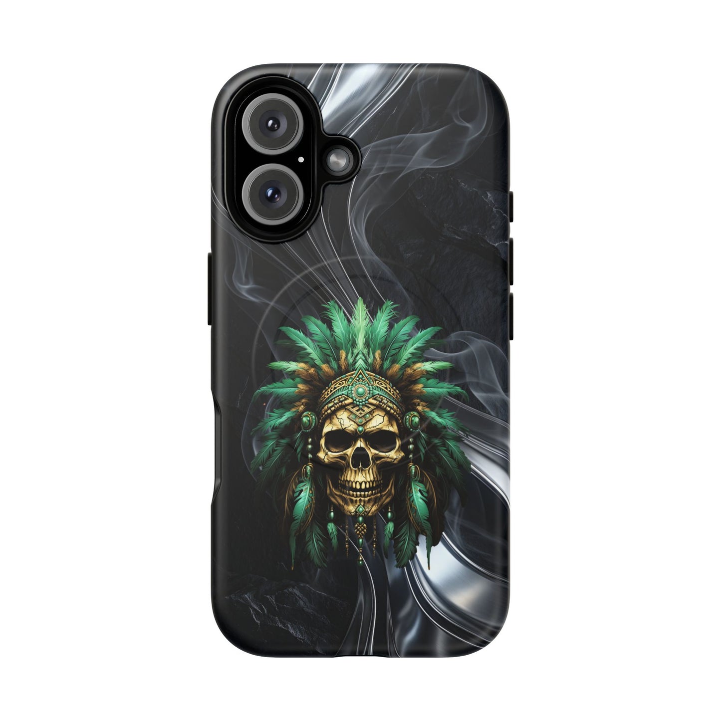 Skull Chief Magnetic Phone Case — Protective Tough iPhone Cover with Green Feather Headdress Design