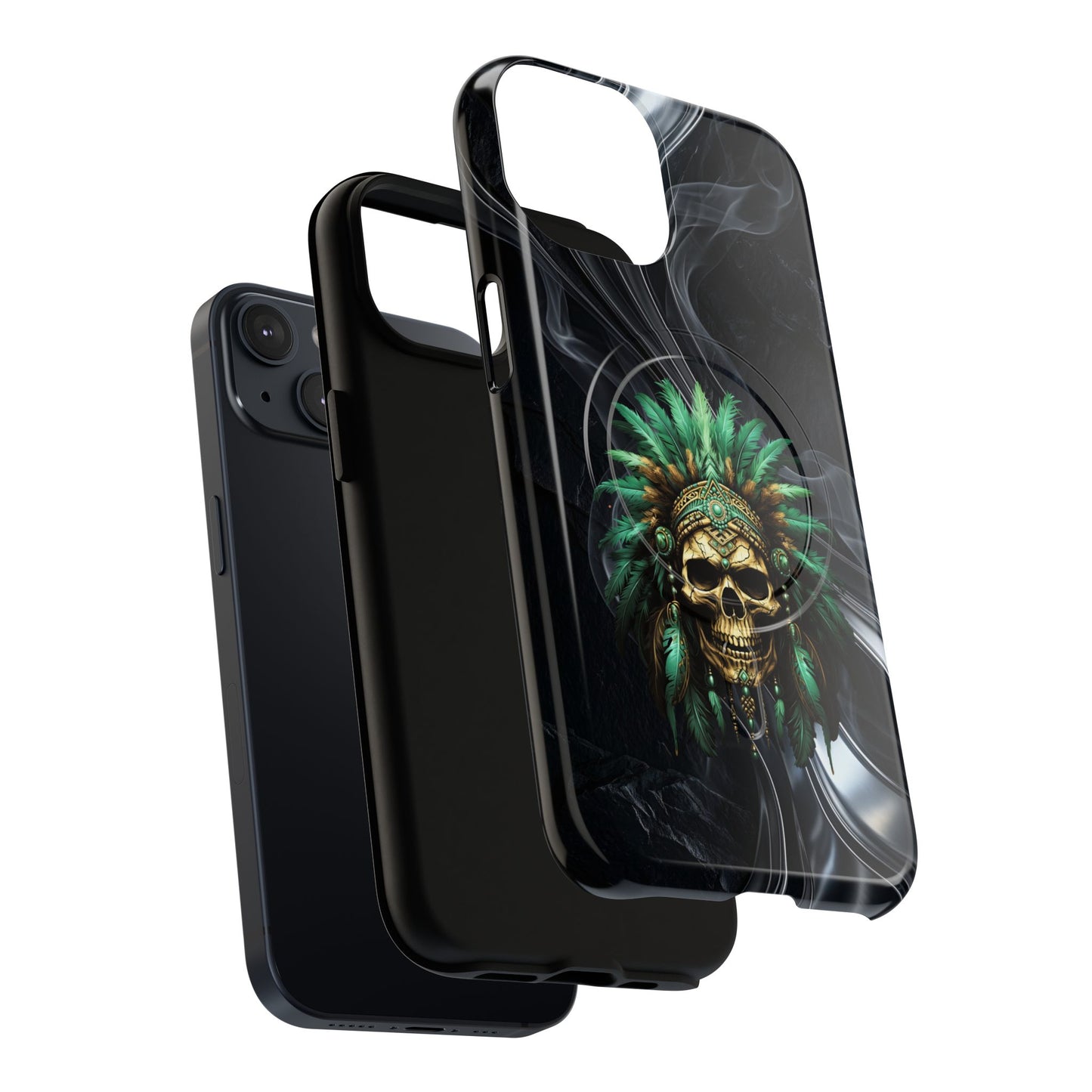 Skull Chief Magnetic Phone Case — Protective Tough iPhone Cover with Green Feather Headdress Design