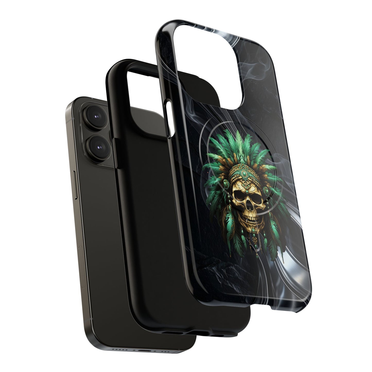 Skull Chief Magnetic Phone Case — Protective Tough iPhone Cover with Green Feather Headdress Design