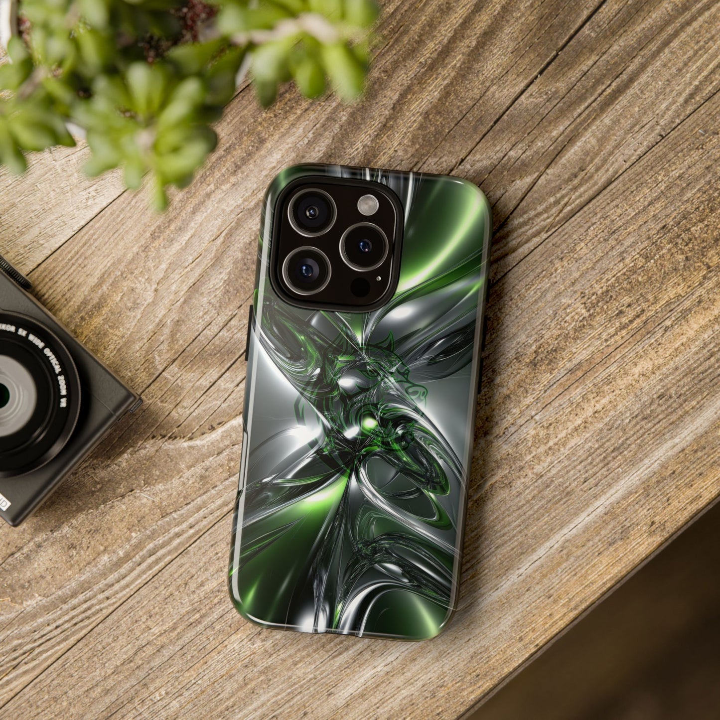 Green Metallic Abstract Tough Phone Case — Rugged Protective Phone Cover