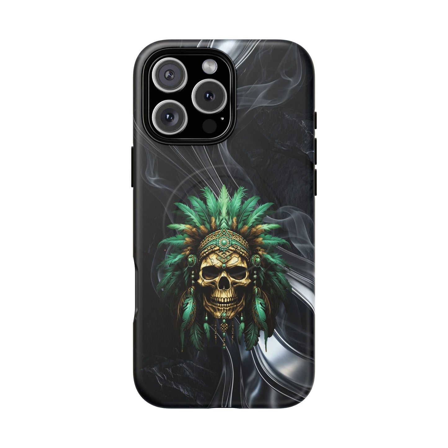 Skull Chief Magnetic Phone Case — Protective Tough iPhone Cover with Green Feather Headdress Design
