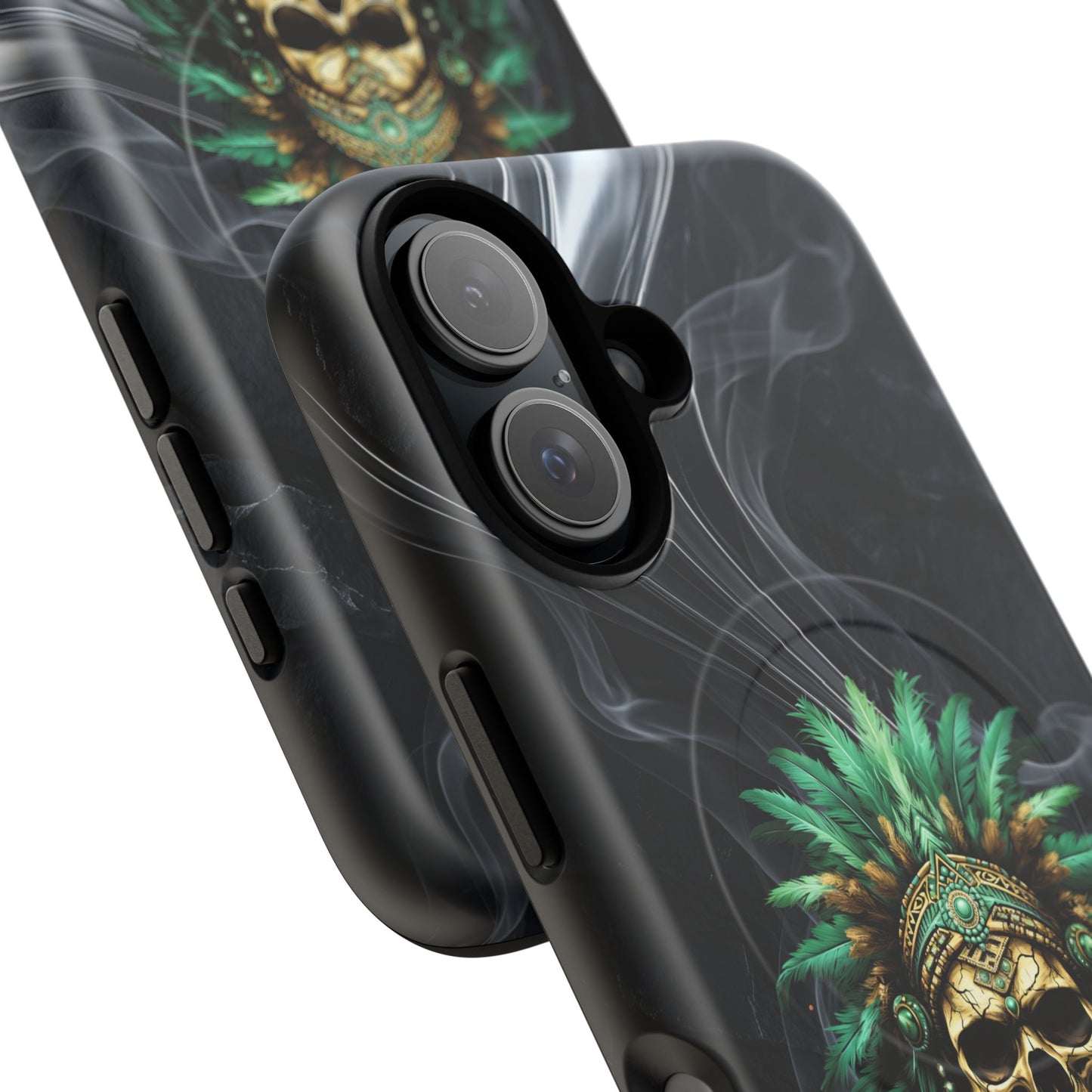 Skull Chief Magnetic Phone Case — Protective Tough iPhone Cover with Green Feather Headdress Design