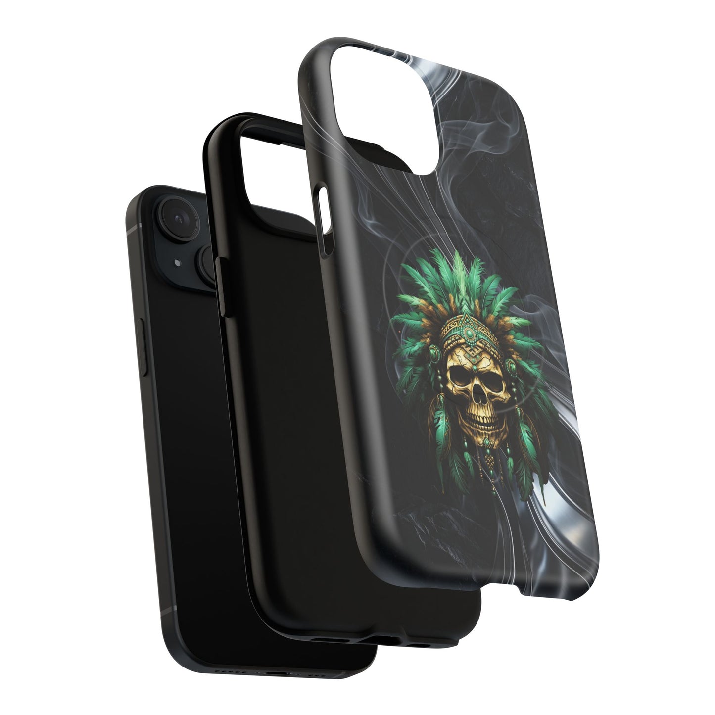 Skull Chief Magnetic Phone Case — Protective Tough iPhone Cover with Green Feather Headdress Design