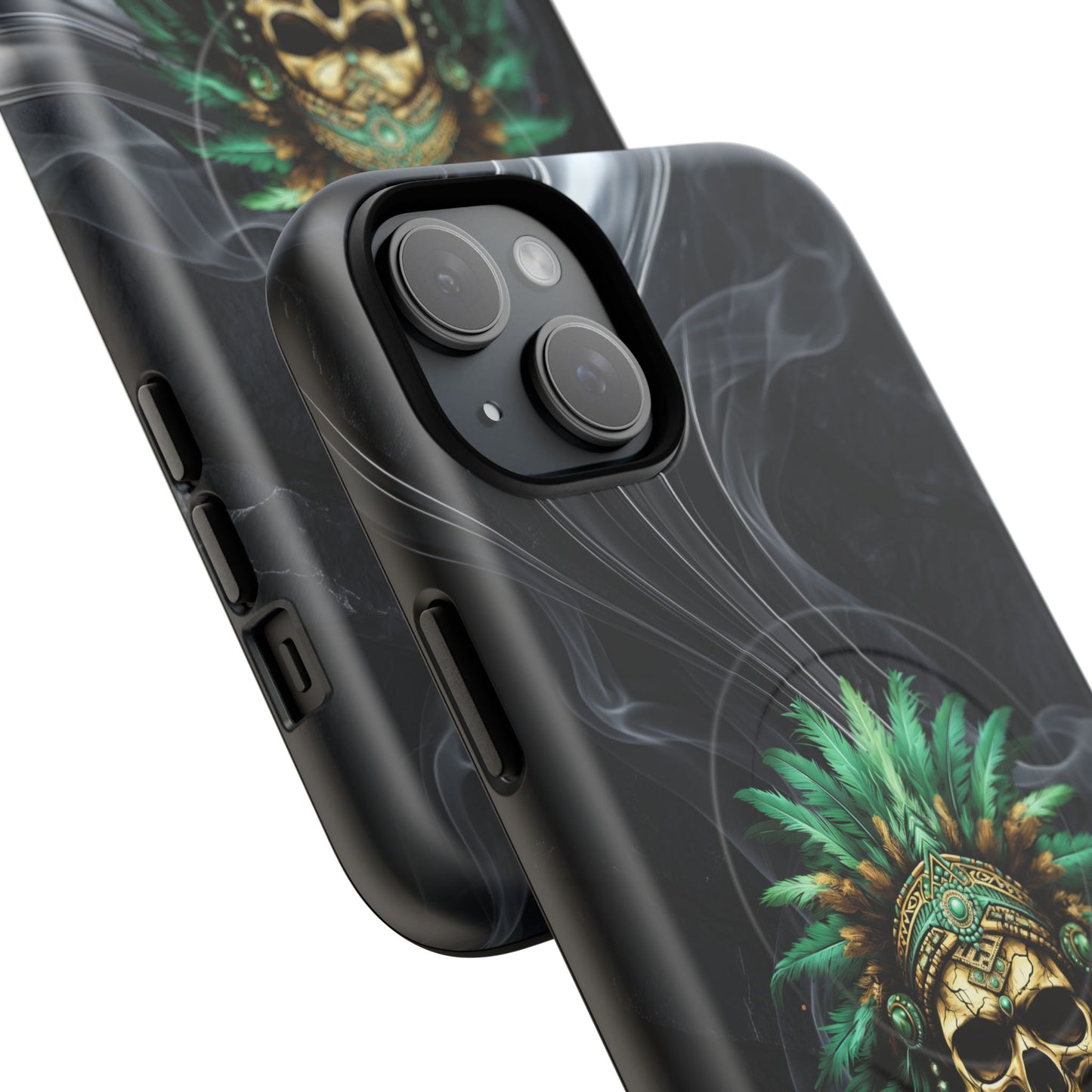 Skull Chief Magnetic Phone Case — Protective Tough iPhone Cover with Green Feather Headdress Design