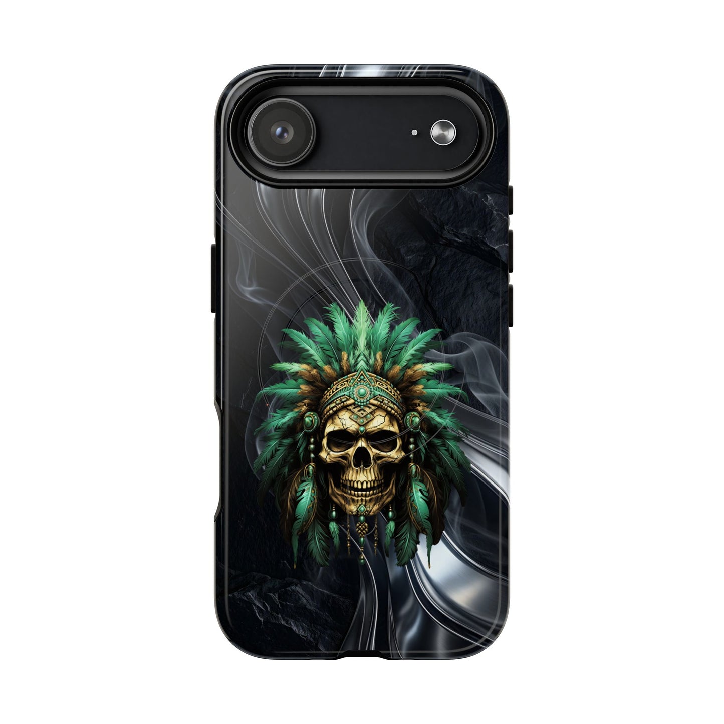 Skull Chief Magnetic Phone Case — Protective Tough iPhone Cover with Green Feather Headdress Design