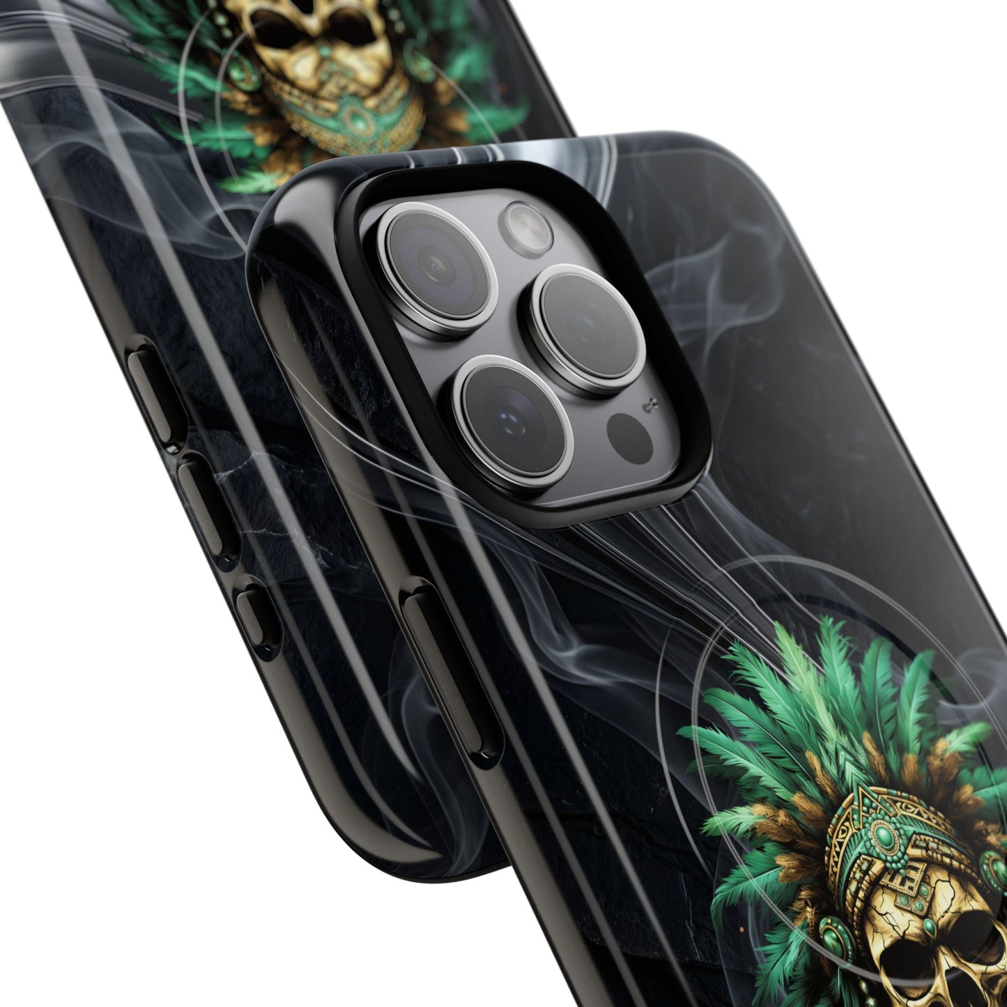 Skull Chief Magnetic Phone Case — Protective Tough iPhone Cover with Green Feather Headdress Design