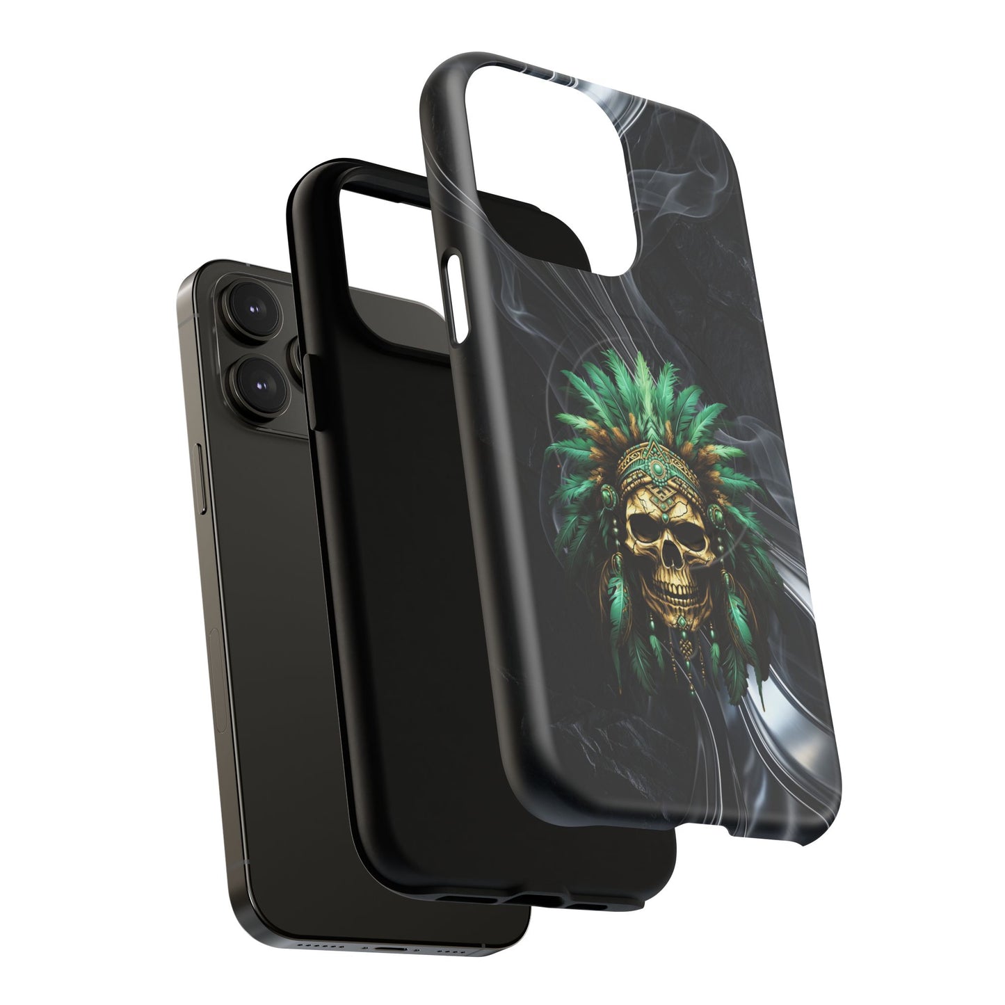 Skull Chief Magnetic Phone Case — Protective Tough iPhone Cover with Green Feather Headdress Design