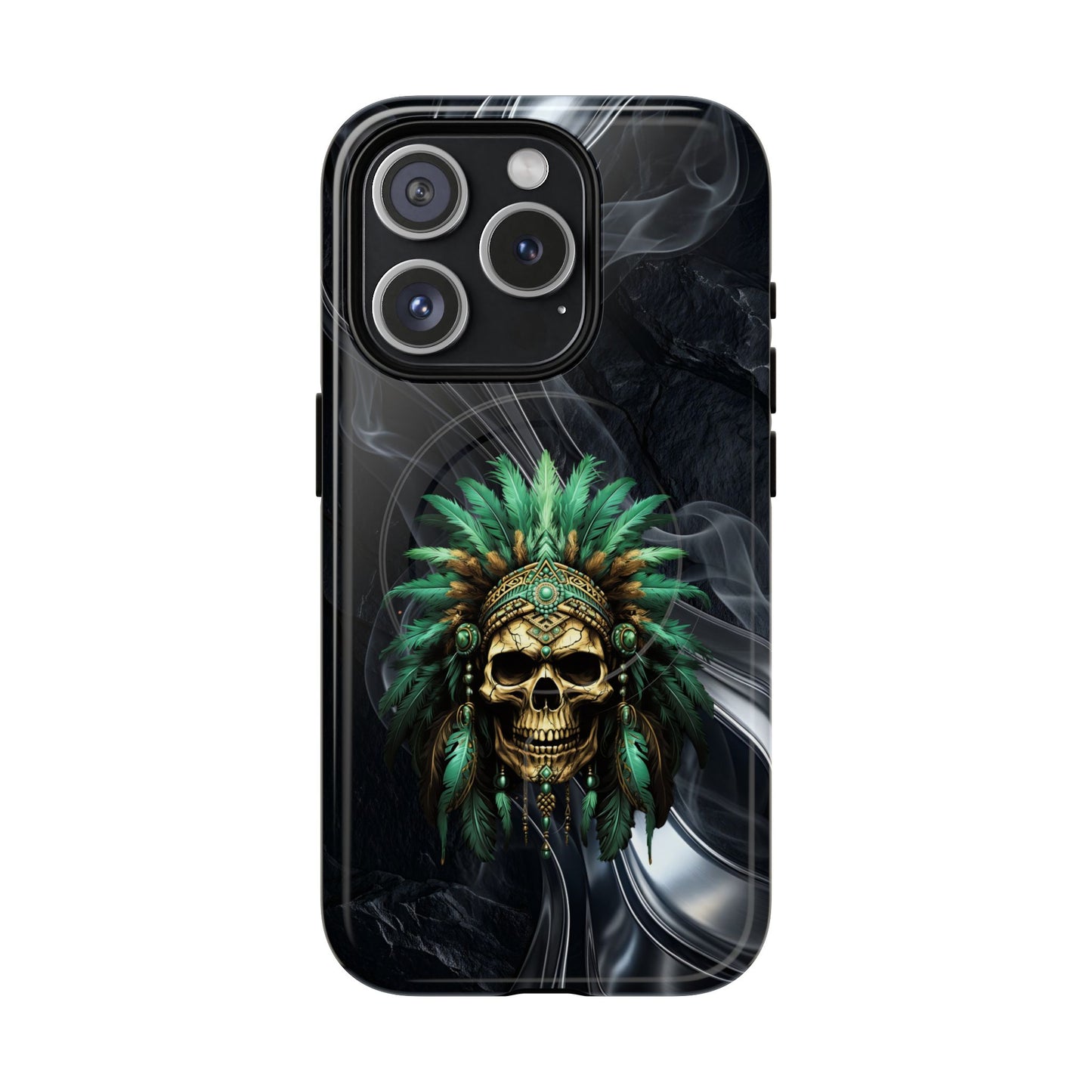 Skull Chief Magnetic Phone Case — Protective Tough iPhone Cover with Green Feather Headdress Design