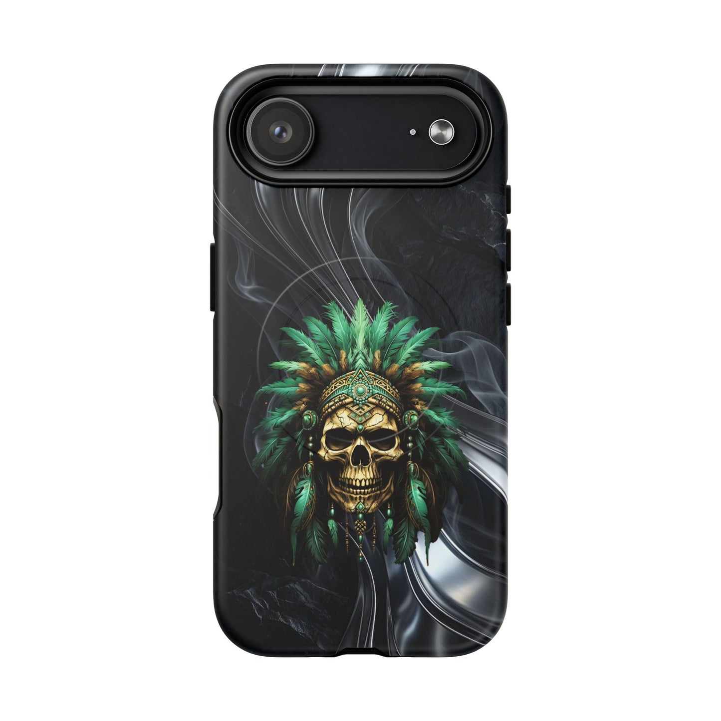 Skull Chief Magnetic Phone Case — Protective Tough iPhone Cover with Green Feather Headdress Design
