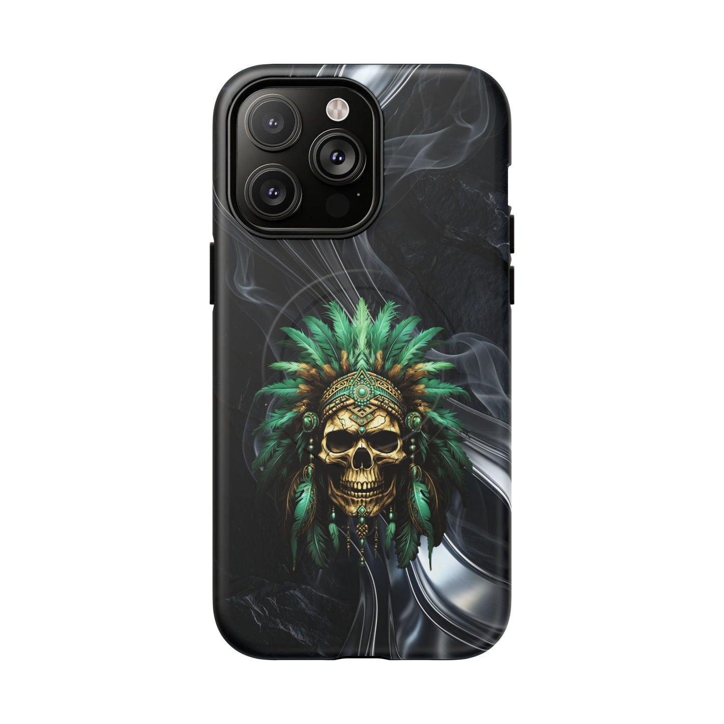 Skull Chief Magnetic Phone Case — Protective Tough iPhone Cover with Green Feather Headdress Design