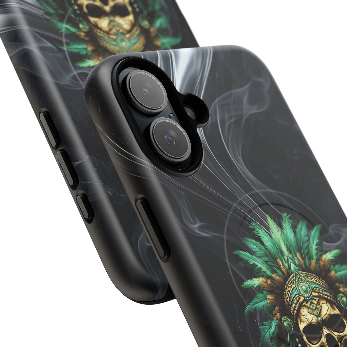 Skull Chief Magnetic Phone Case — Protective Tough iPhone Cover with Green Feather Headdress Design