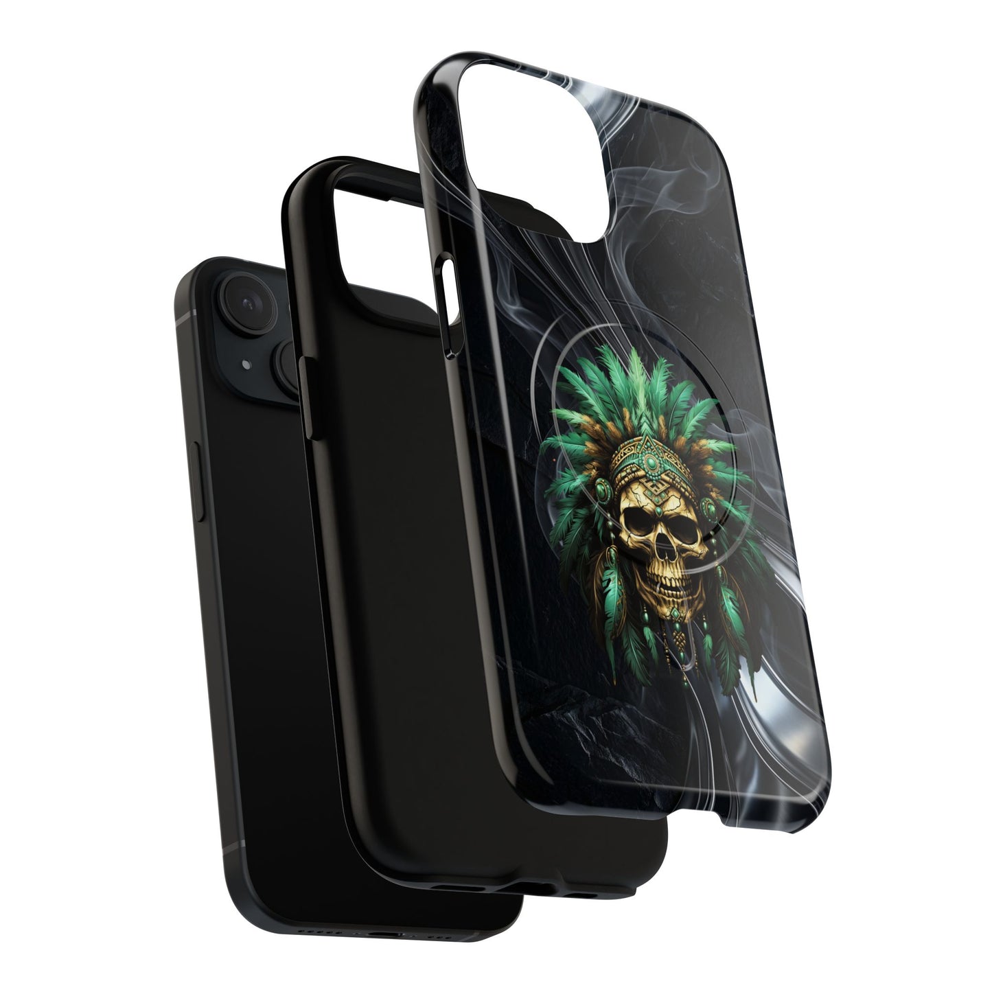 Skull Chief Magnetic Phone Case — Protective Tough iPhone Cover with Green Feather Headdress Design
