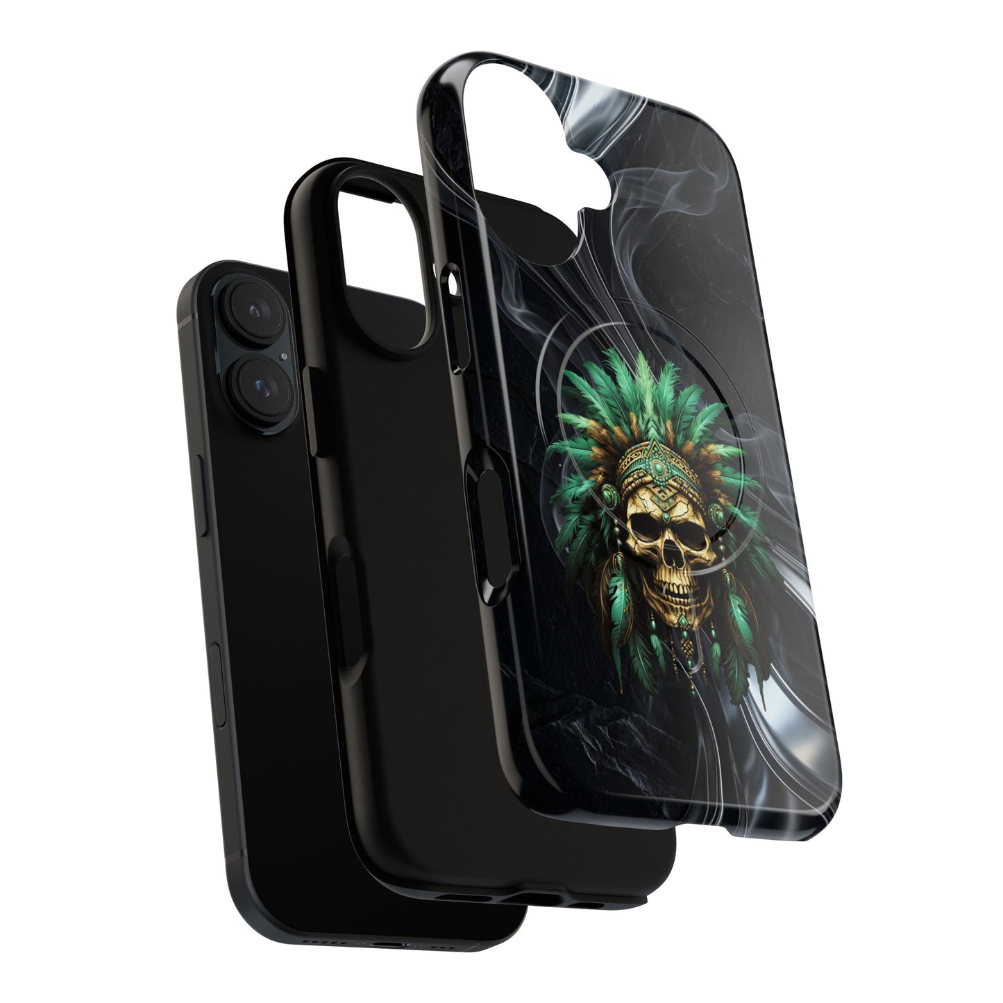 Skull Chief Magnetic Phone Case — Protective Tough iPhone Cover with Green Feather Headdress Design