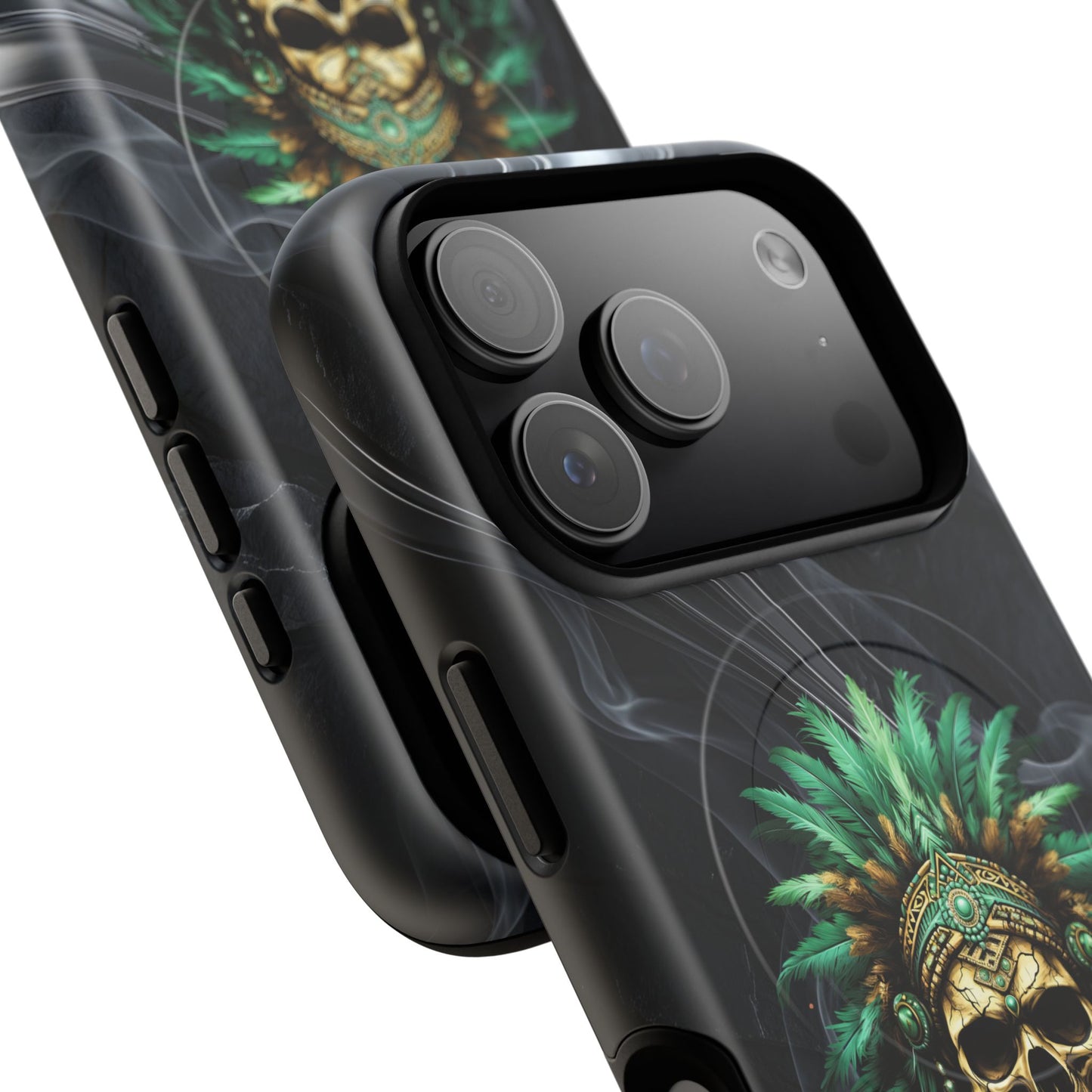 Skull Chief Magnetic Phone Case — Protective Tough iPhone Cover with Green Feather Headdress Design