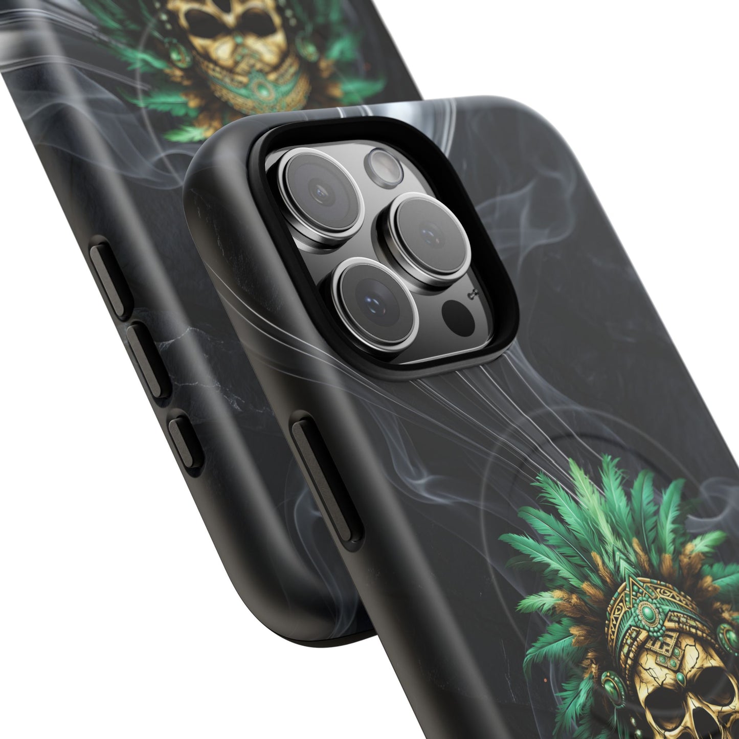 Skull Chief Magnetic Phone Case — Protective Tough iPhone Cover with Green Feather Headdress Design