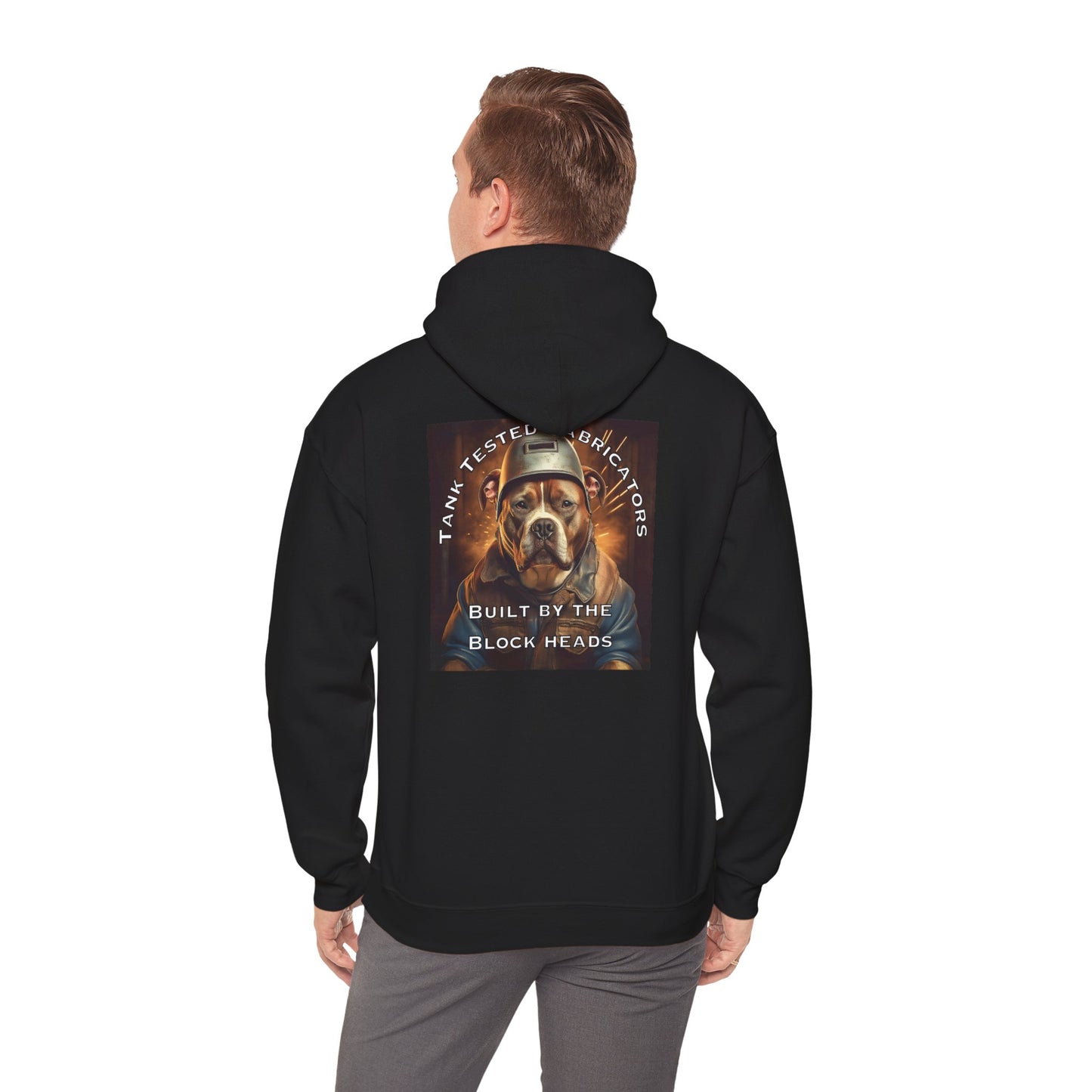 Molten Metal Hoodie — Vintage Pitbull Welder Graphic Sweatshirt ("Built by the Block Heads")