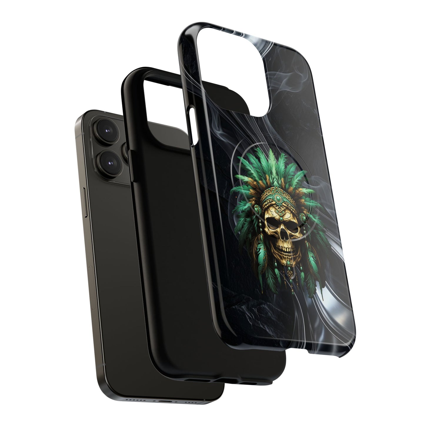 Skull Chief Magnetic Phone Case — Protective Tough iPhone Cover with Green Feather Headdress Design