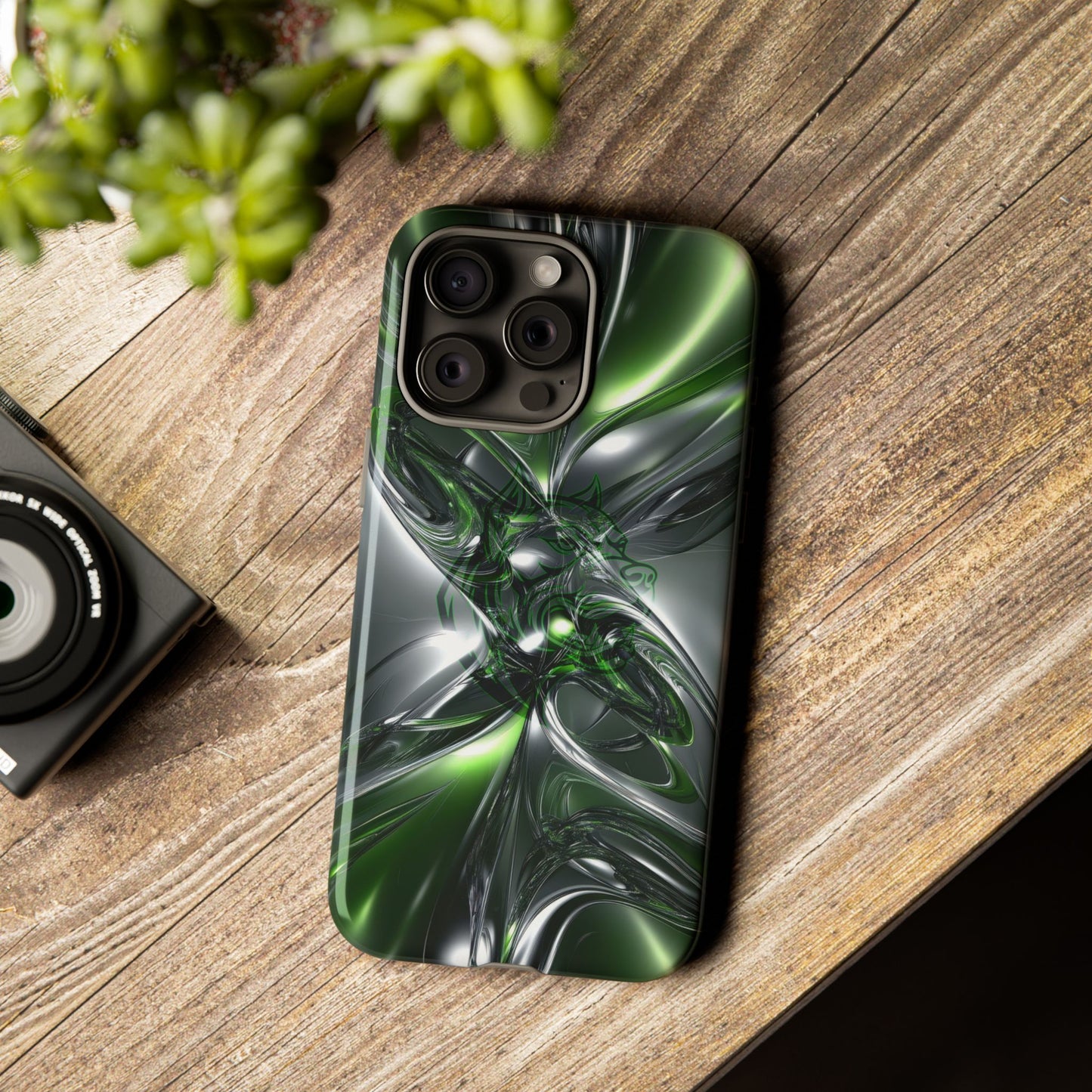 Green Metallic Abstract Tough Phone Case — Rugged Protective Phone Cover