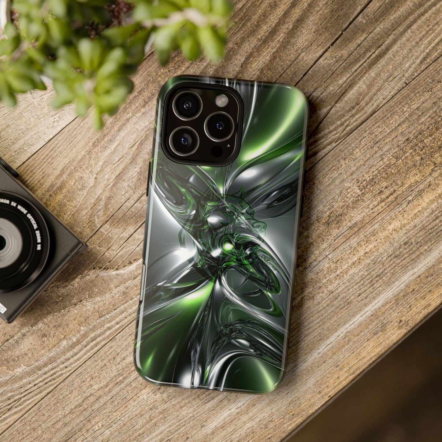 Green Metallic Abstract Tough Phone Case — Rugged Protective Phone Cover