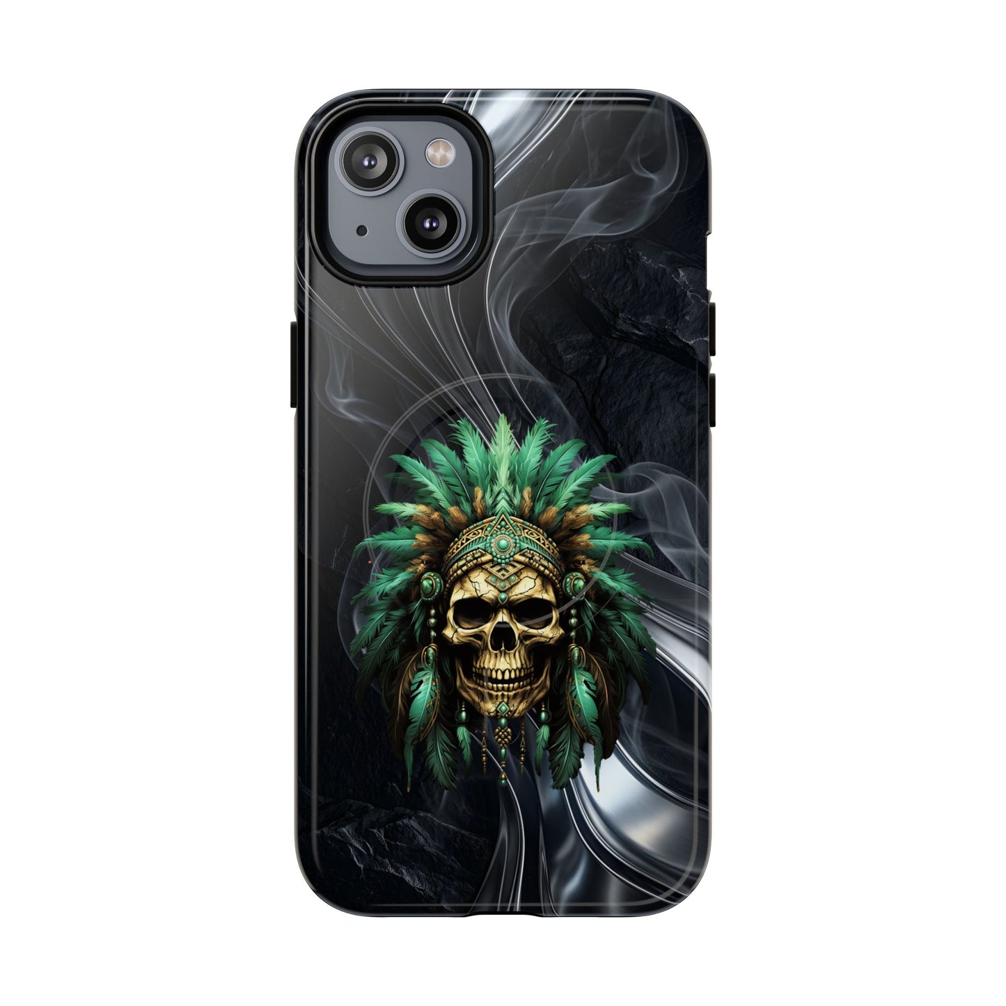 Skull Chief Magnetic Phone Case — Protective Tough iPhone Cover with Green Feather Headdress Design
