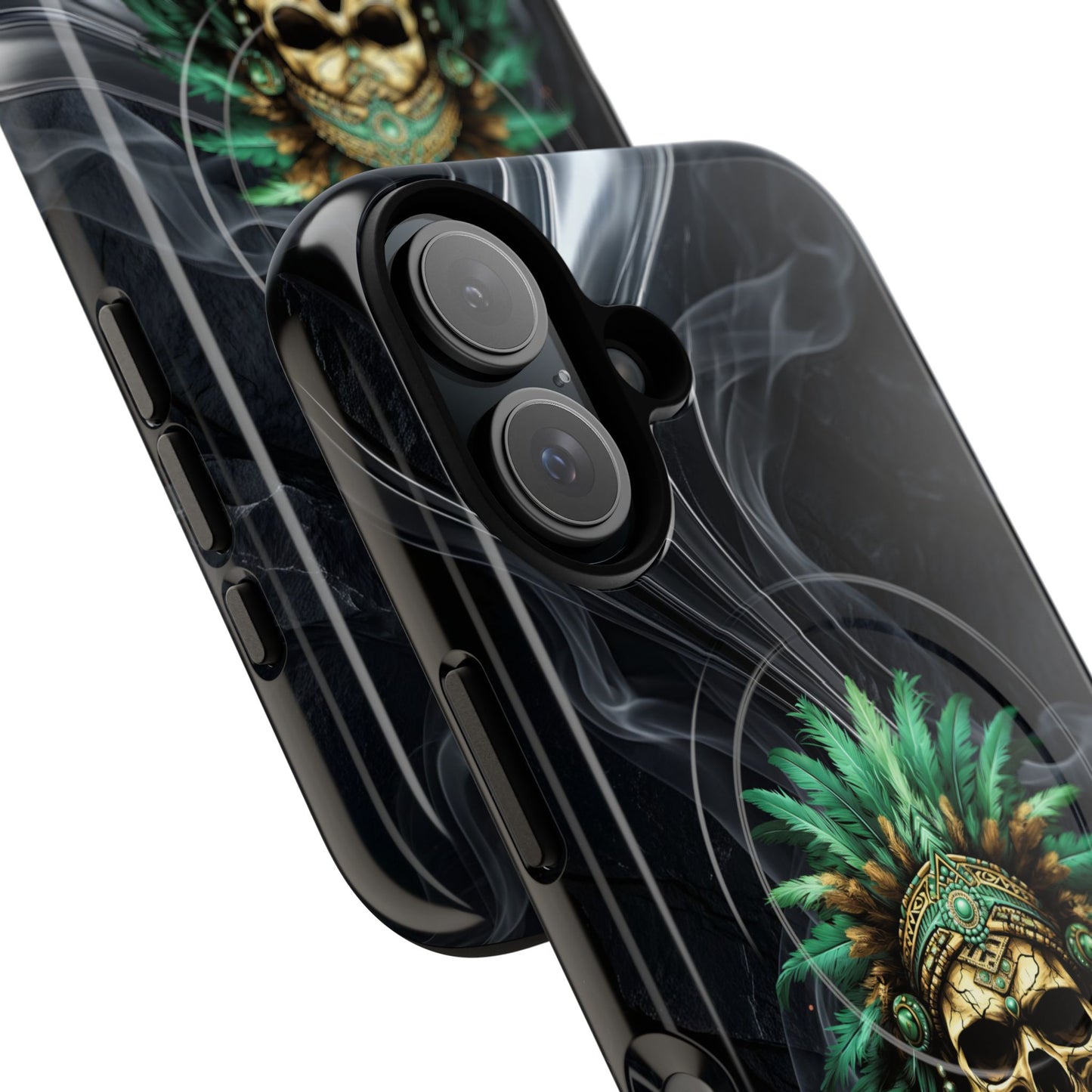 Skull Chief Magnetic Phone Case — Protective Tough iPhone Cover with Green Feather Headdress Design