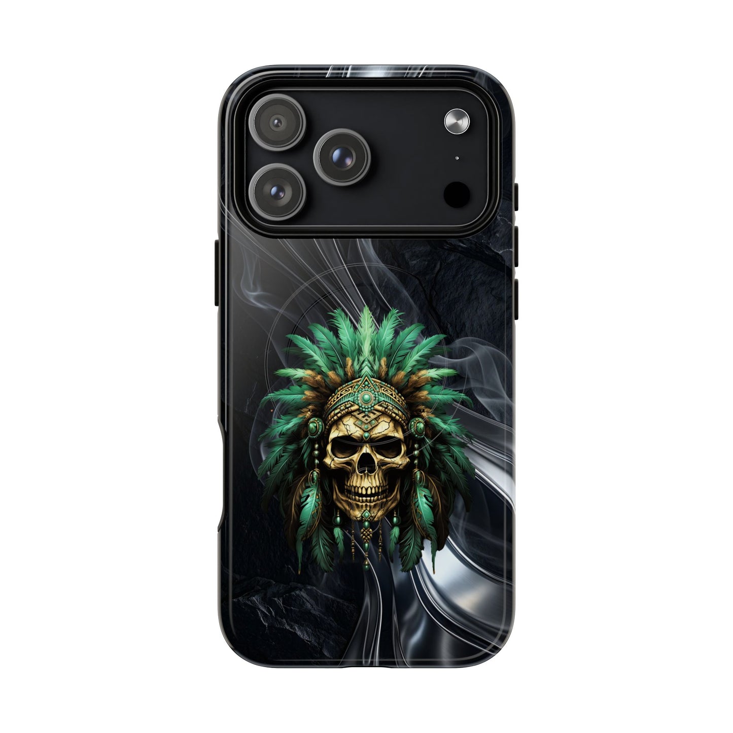 Skull Chief Magnetic Phone Case — Protective Tough iPhone Cover with Green Feather Headdress Design