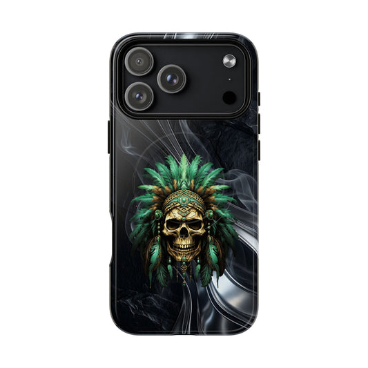 Skull Chief Magnetic Phone Case — Protective Tough iPhone Cover with Green Feather Headdress Design