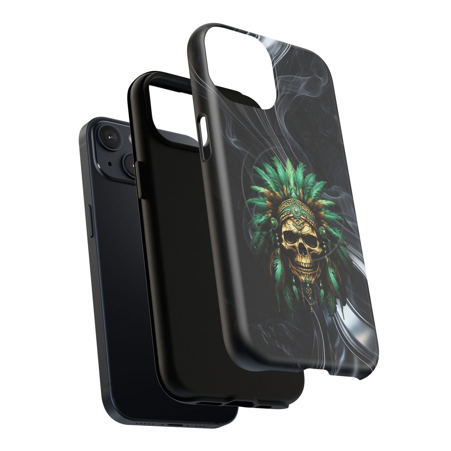 Skull Chief Magnetic Phone Case — Protective Tough iPhone Cover with Green Feather Headdress Design