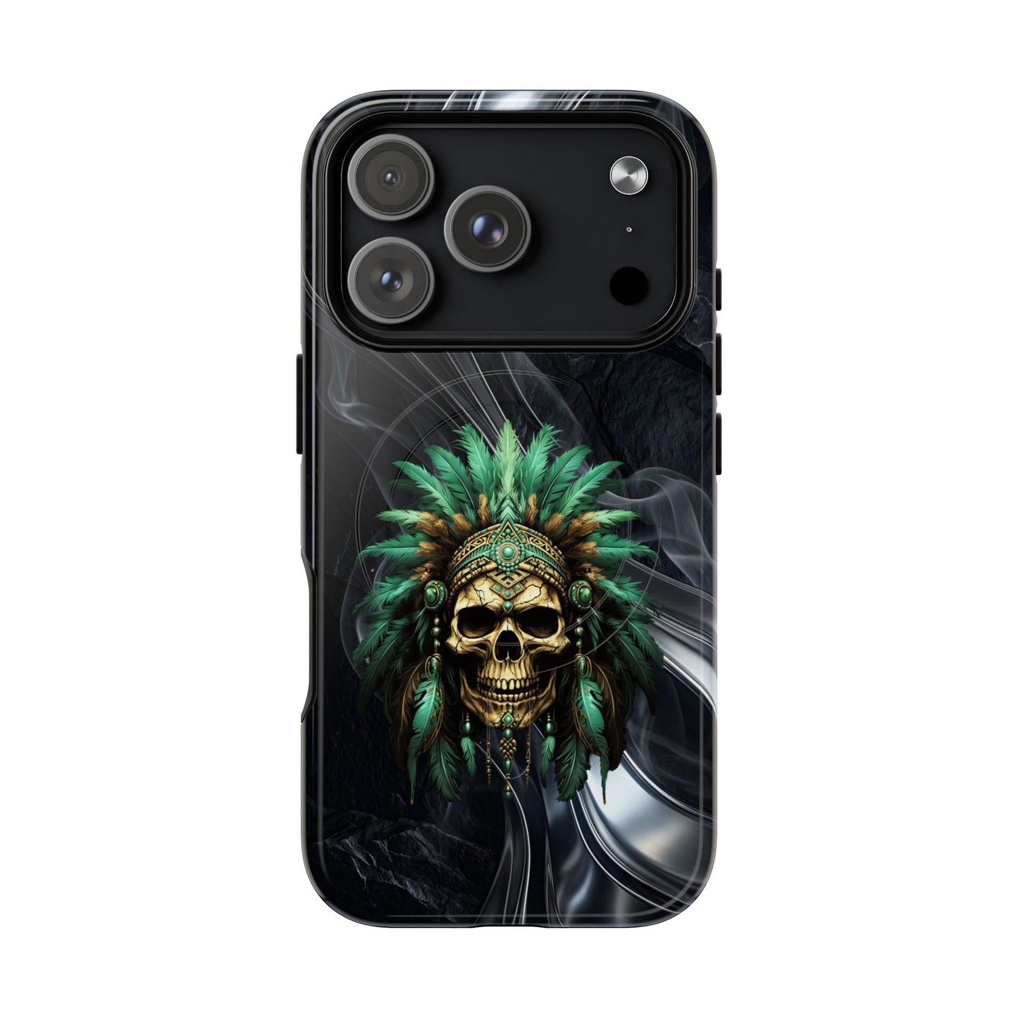 Skull Chief Magnetic Phone Case — Protective Tough iPhone Cover with Green Feather Headdress Design
