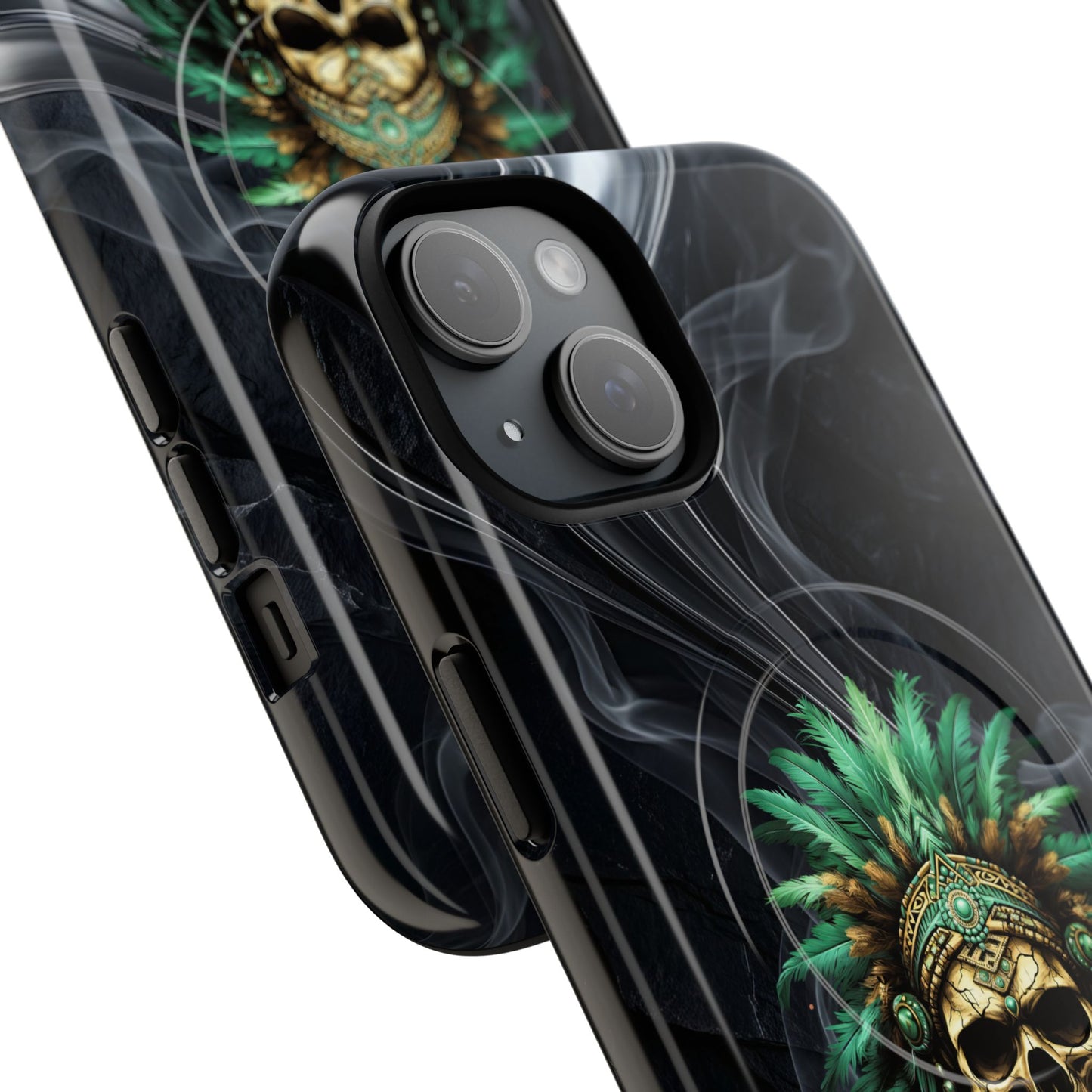 Skull Chief Magnetic Phone Case — Protective Tough iPhone Cover with Green Feather Headdress Design