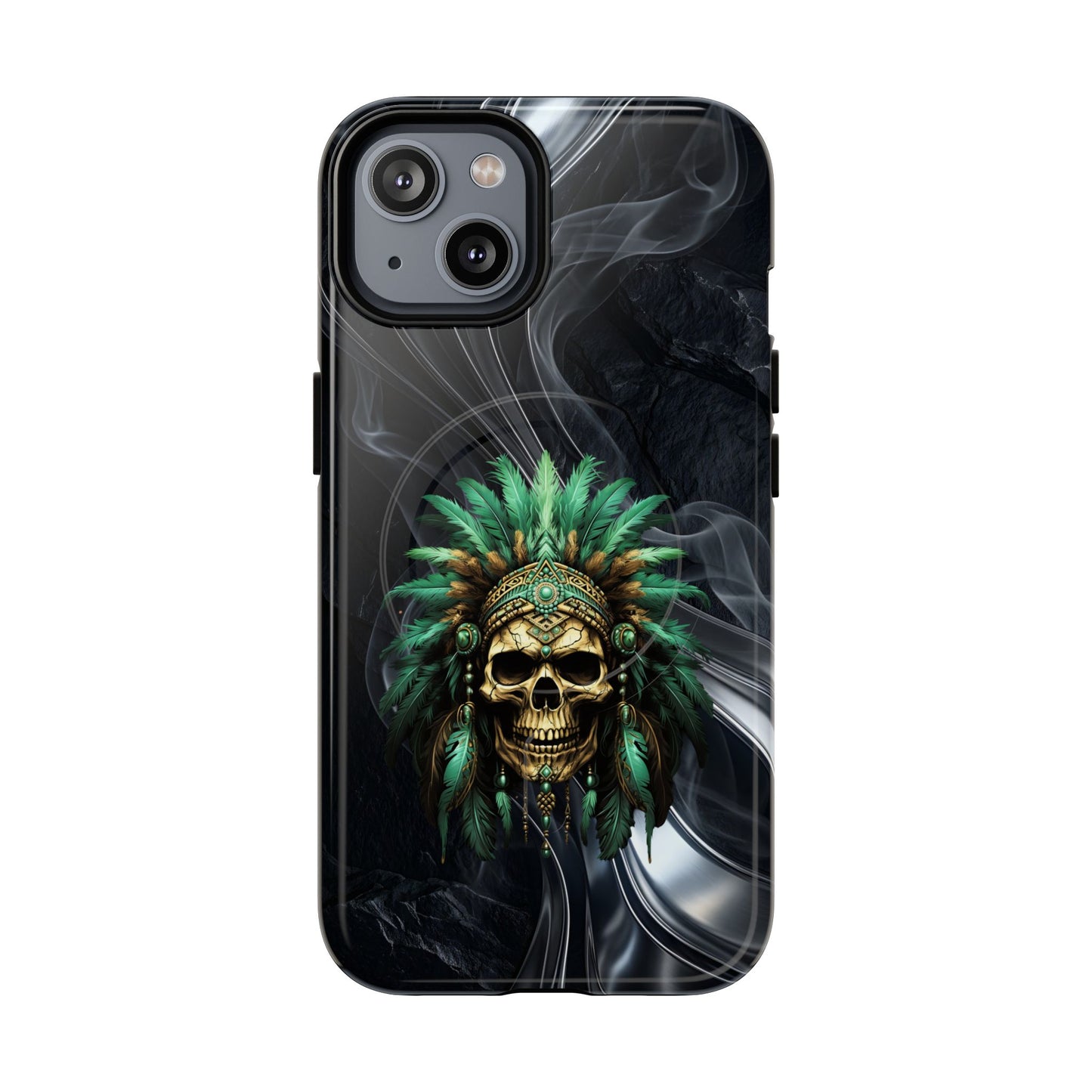 Skull Chief Magnetic Phone Case — Protective Tough iPhone Cover with Green Feather Headdress Design