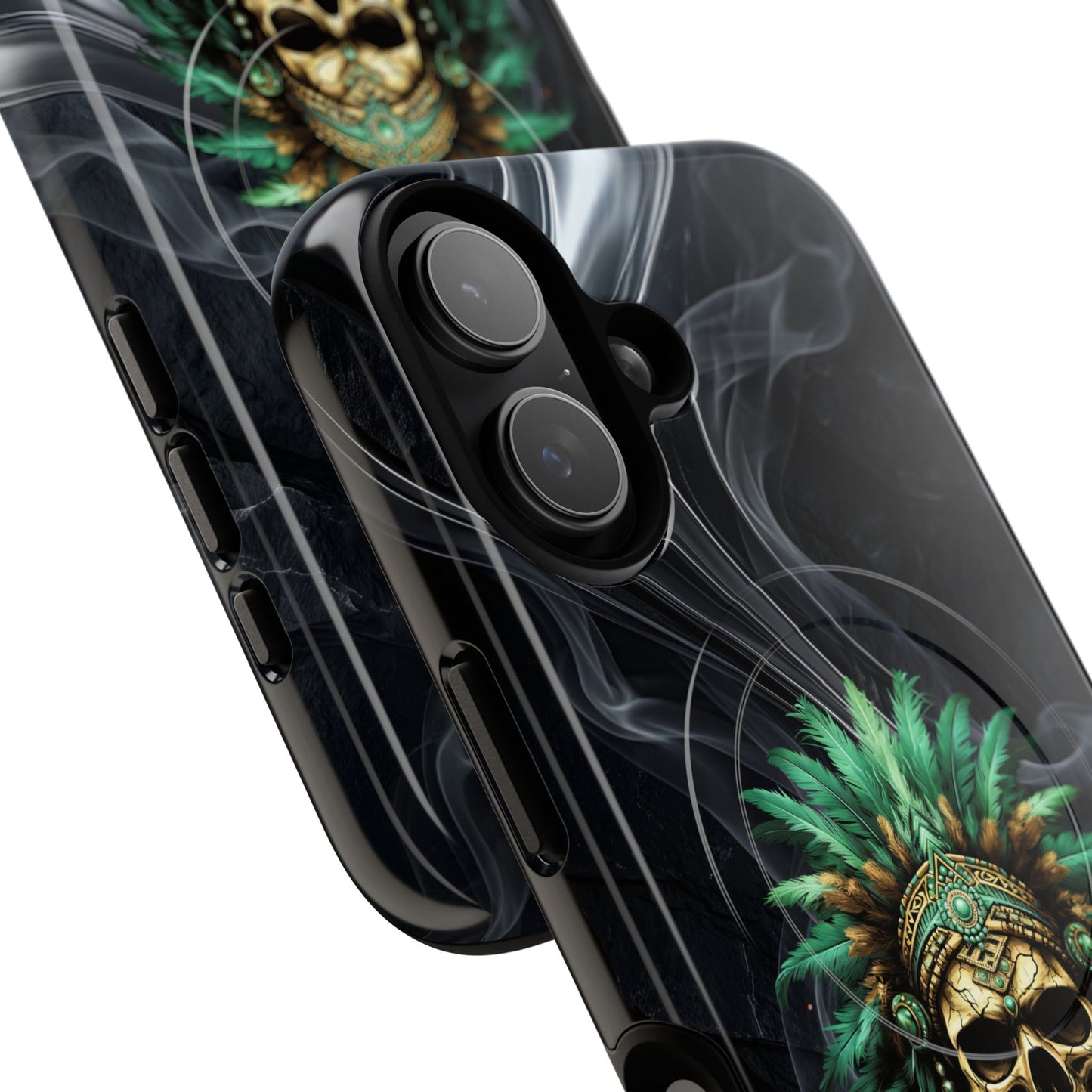 Skull Chief Magnetic Phone Case — Protective Tough iPhone Cover with Green Feather Headdress Design