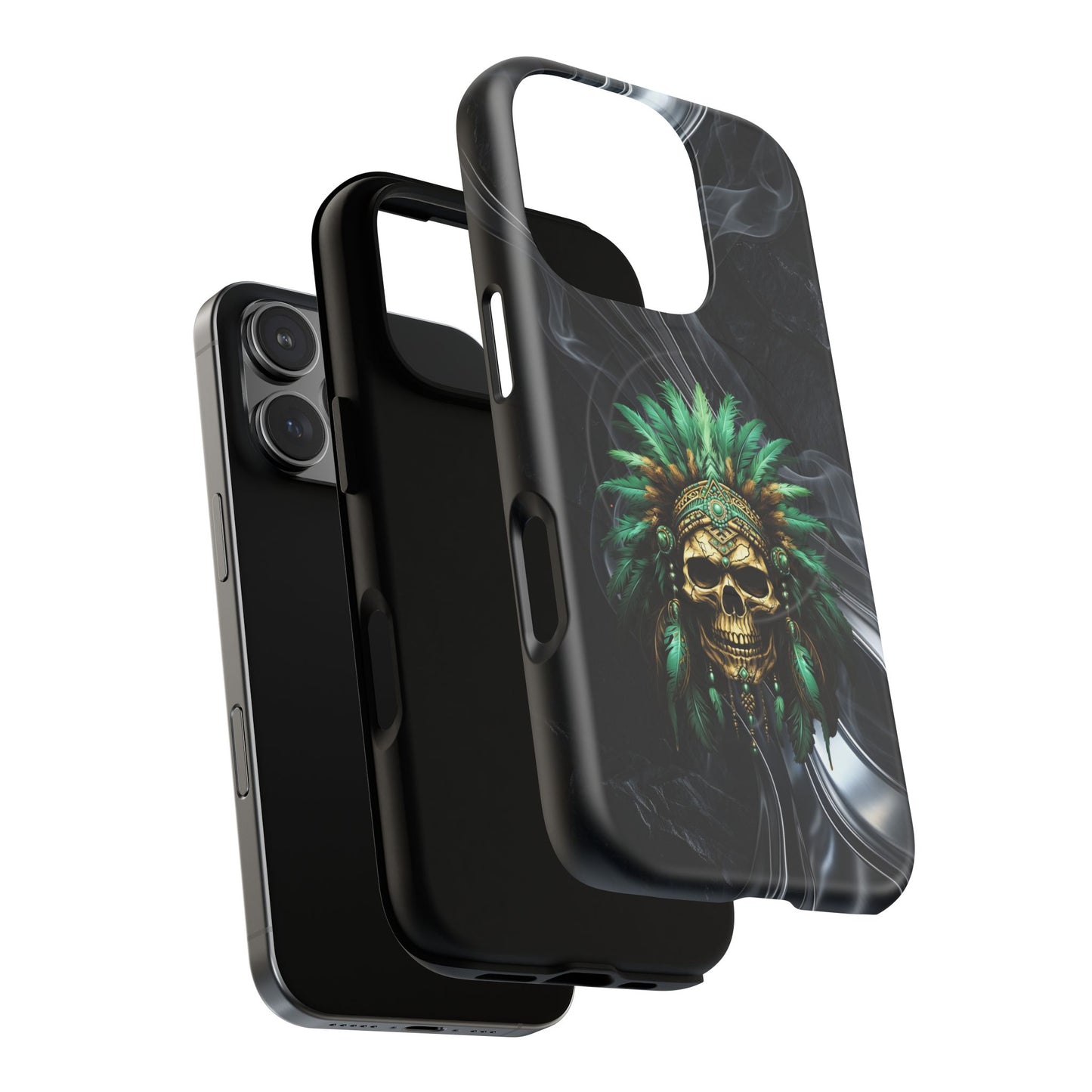 Skull Chief Magnetic Phone Case — Protective Tough iPhone Cover with Green Feather Headdress Design