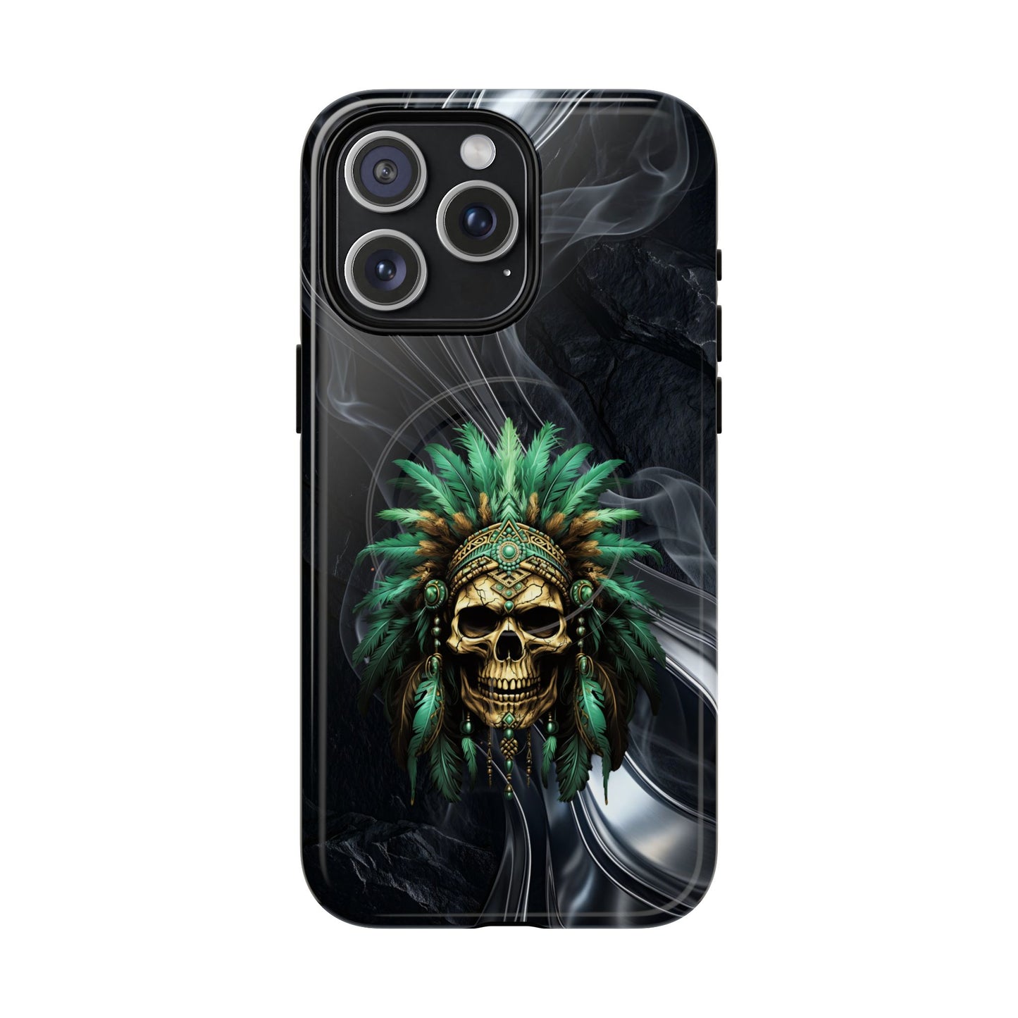 Skull Chief Magnetic Phone Case — Protective Tough iPhone Cover with Green Feather Headdress Design