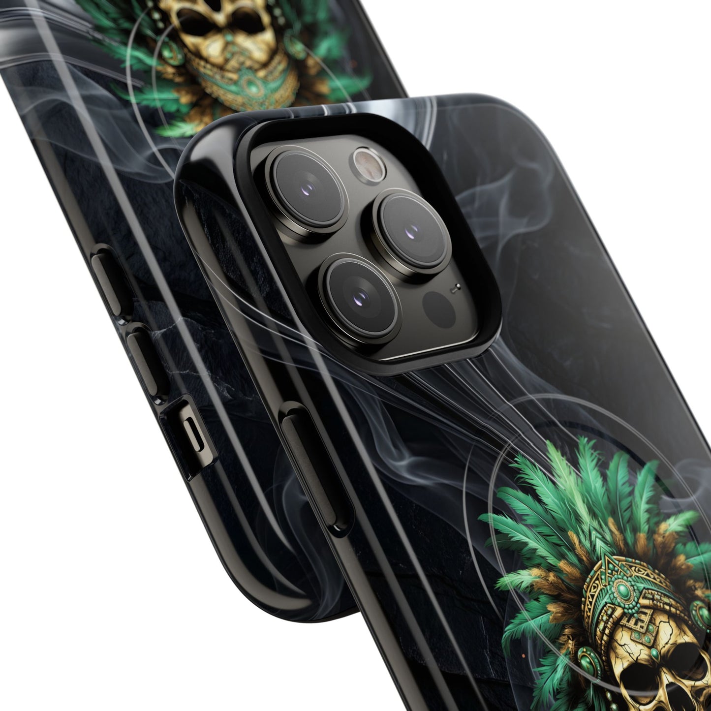 Skull Chief Magnetic Phone Case — Protective Tough iPhone Cover with Green Feather Headdress Design