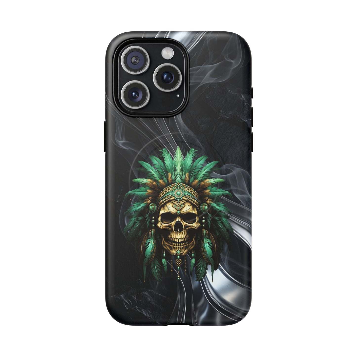 Skull Chief Magnetic Phone Case — Protective Tough iPhone Cover with Green Feather Headdress Design