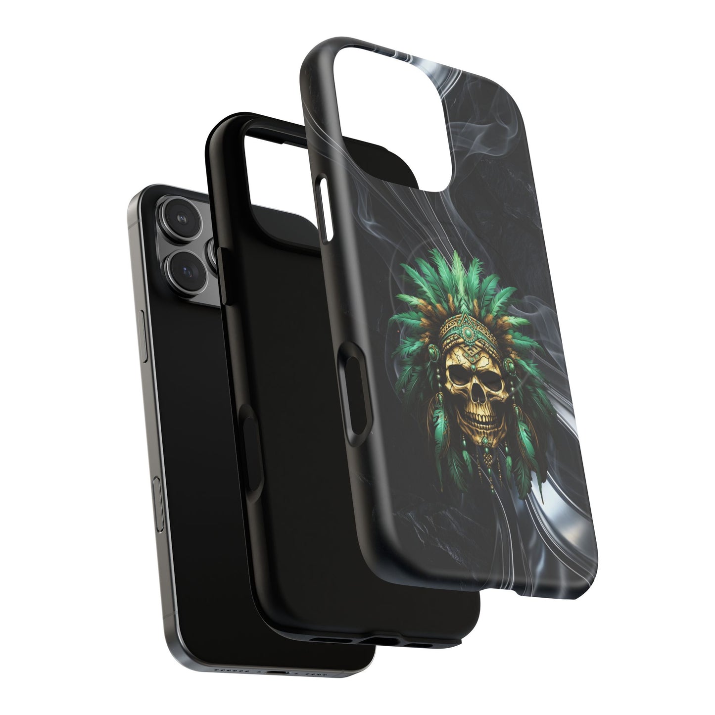 Skull Chief Magnetic Phone Case — Protective Tough iPhone Cover with Green Feather Headdress Design
