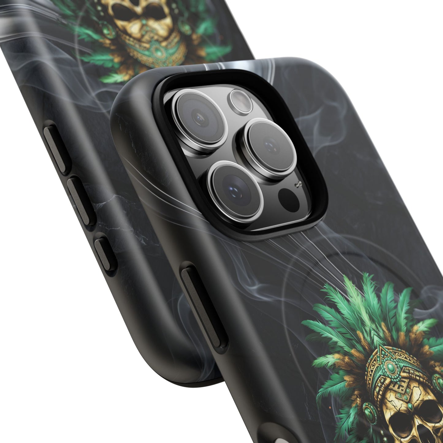 Skull Chief Magnetic Phone Case — Protective Tough iPhone Cover with Green Feather Headdress Design