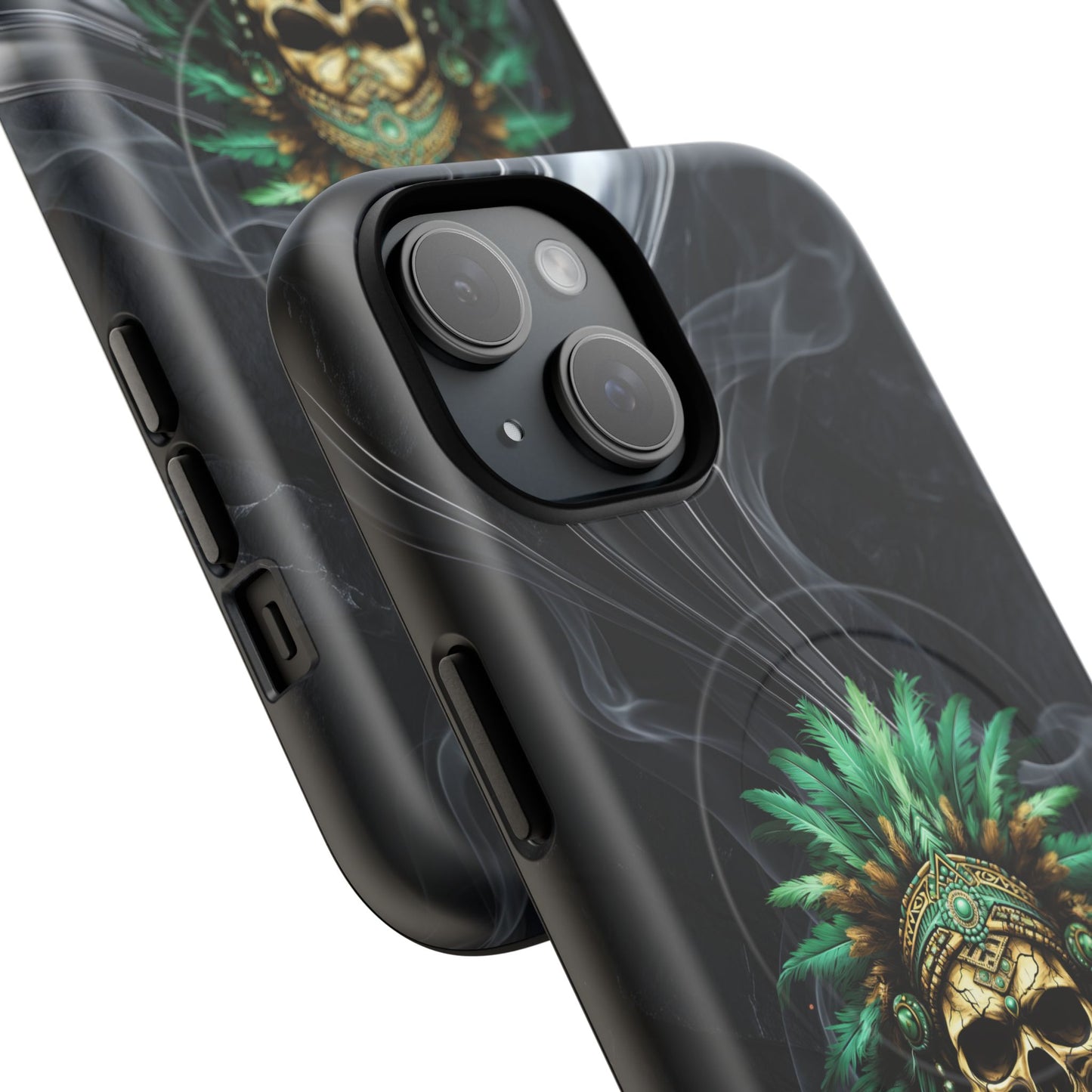Skull Chief Magnetic Phone Case — Protective Tough iPhone Cover with Green Feather Headdress Design