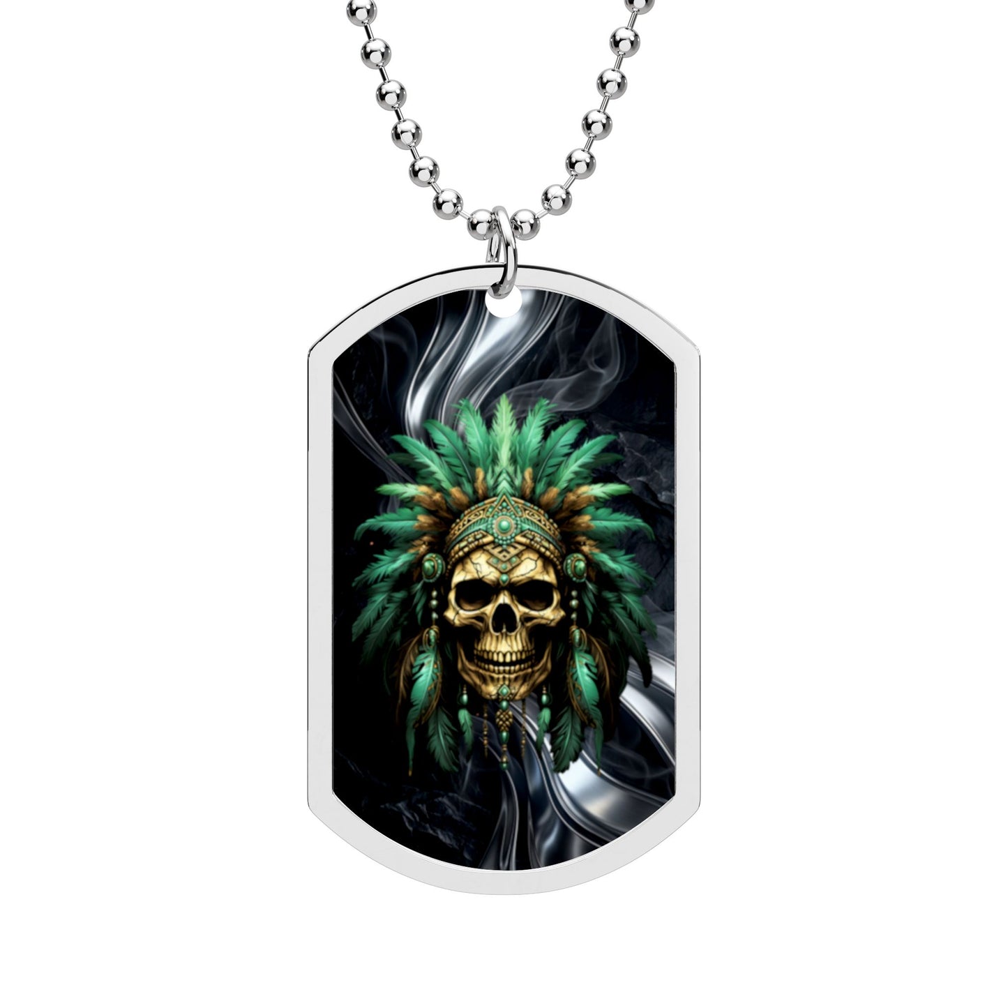 Skull Chief Dog Tag Necklace — Tribal Feather Headdress Pendant