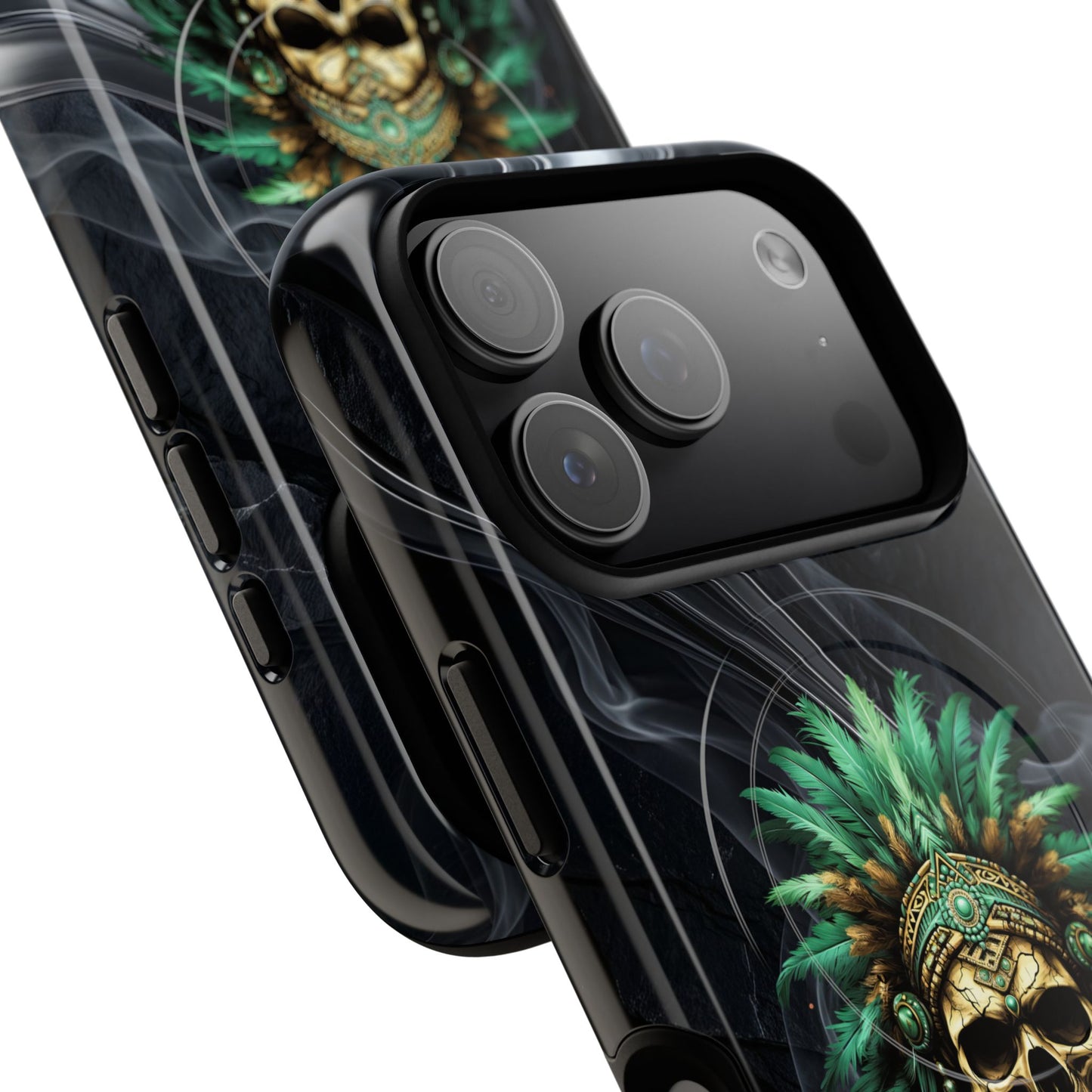 Skull Chief Magnetic Phone Case — Protective Tough iPhone Cover with Green Feather Headdress Design