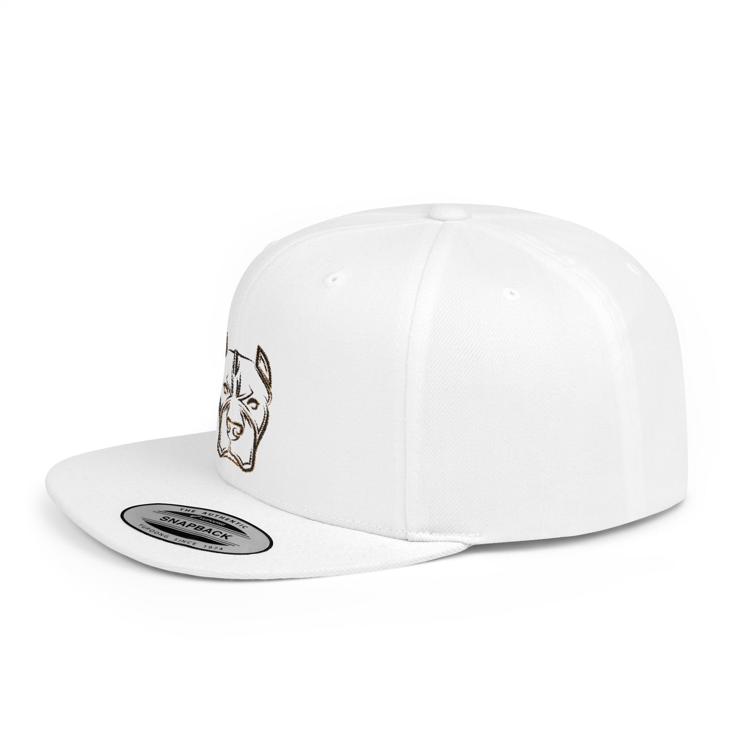 Pitbull Outline Flat Bill Snapback Hat — Minimal Embroidered Dog Face Cap
