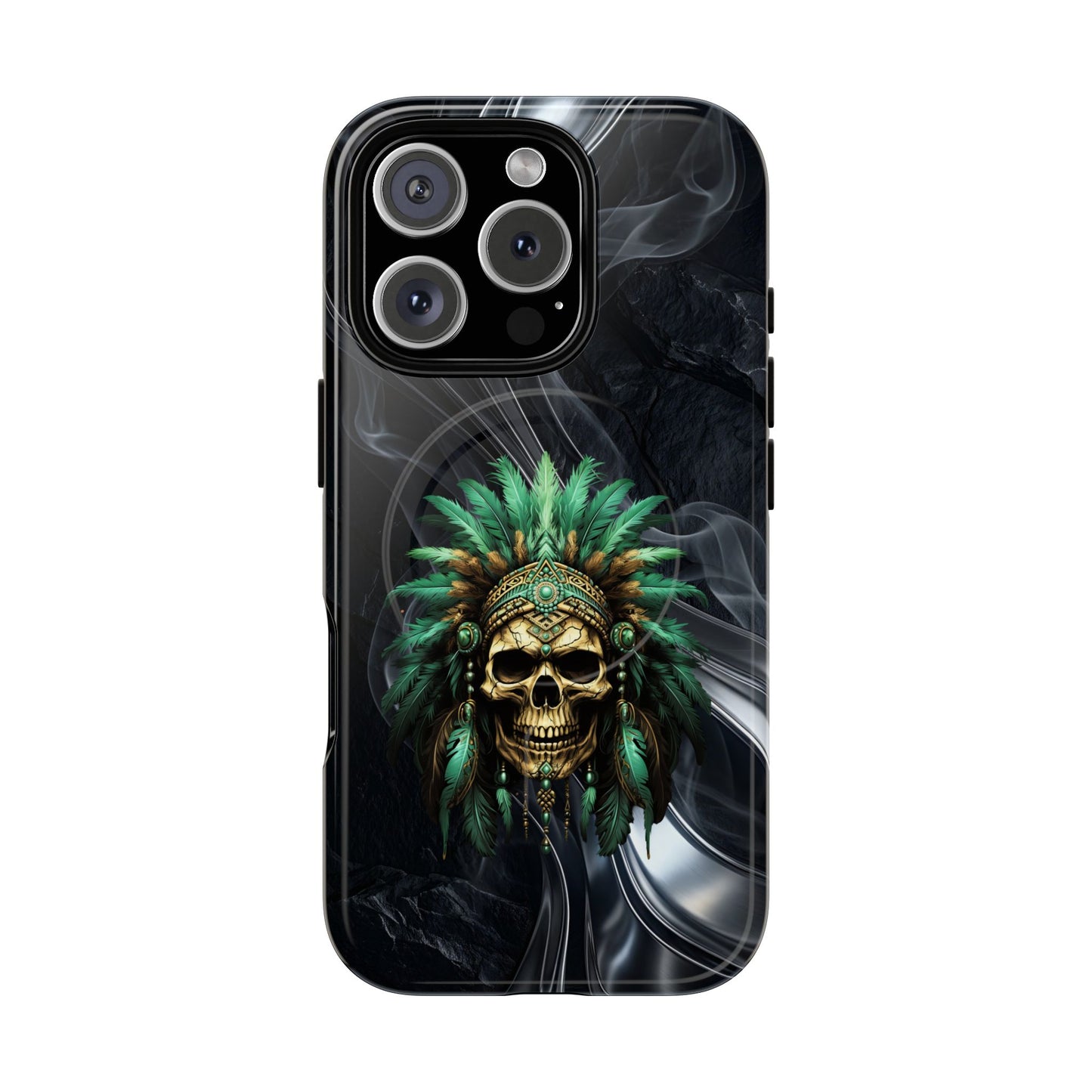 Skull Chief Magnetic Phone Case — Protective Tough iPhone Cover with Green Feather Headdress Design