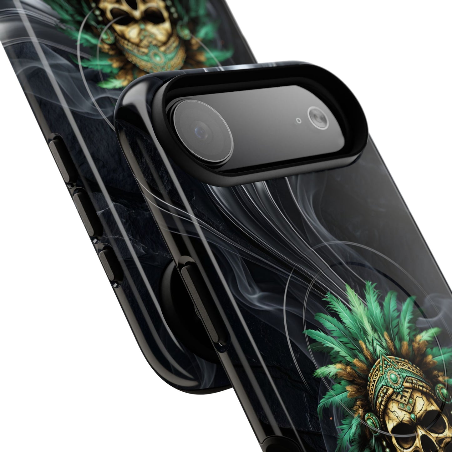 Skull Chief Magnetic Phone Case — Protective Tough iPhone Cover with Green Feather Headdress Design