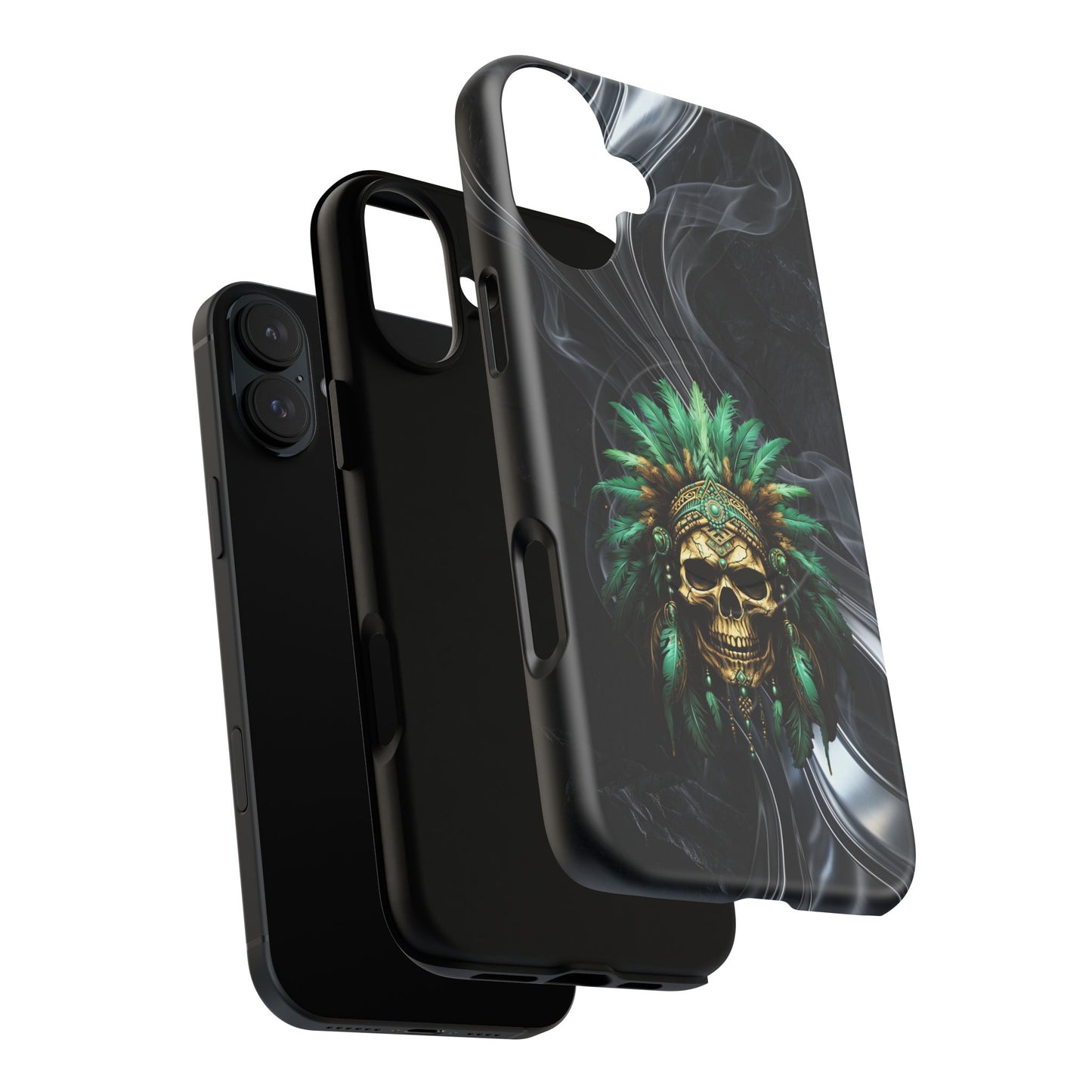 Skull Chief Magnetic Phone Case — Protective Tough iPhone Cover with Green Feather Headdress Design