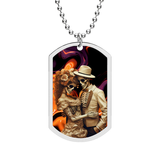 Day of the Dead Couple Dog Tag Necklace — Sugar Skull Skeleton Love Pendant